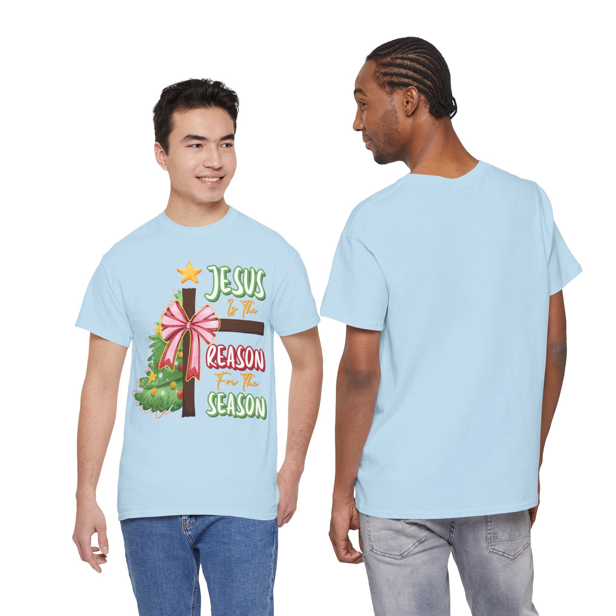 Jesus Is the Reason for the Season Christmas Tee — Cross with Pink Bow & Tree. Unisex Cotton Tee