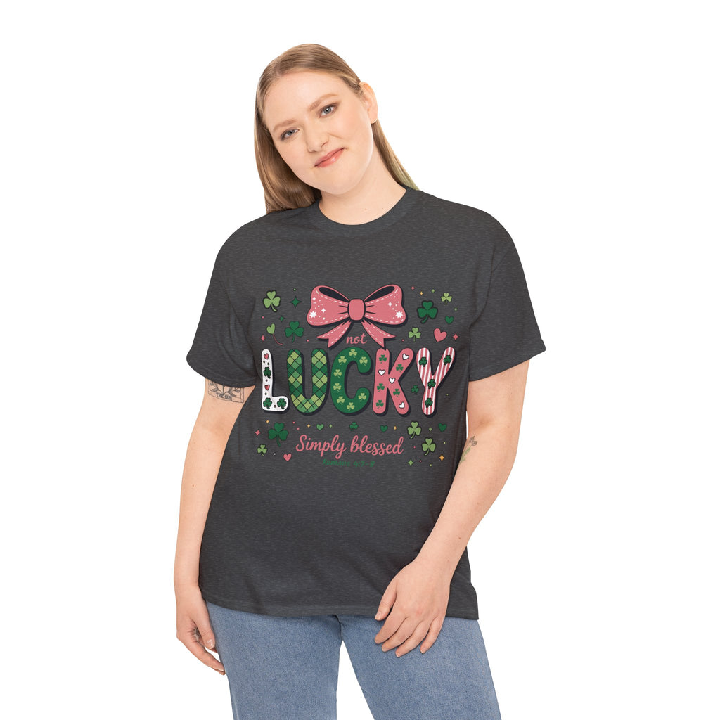Simply Blessed Tee — “Not Lucky, Simply Blessed” with Pastel Bow, Clovers & Romans 4:7-8 Unisex Cotton Tee