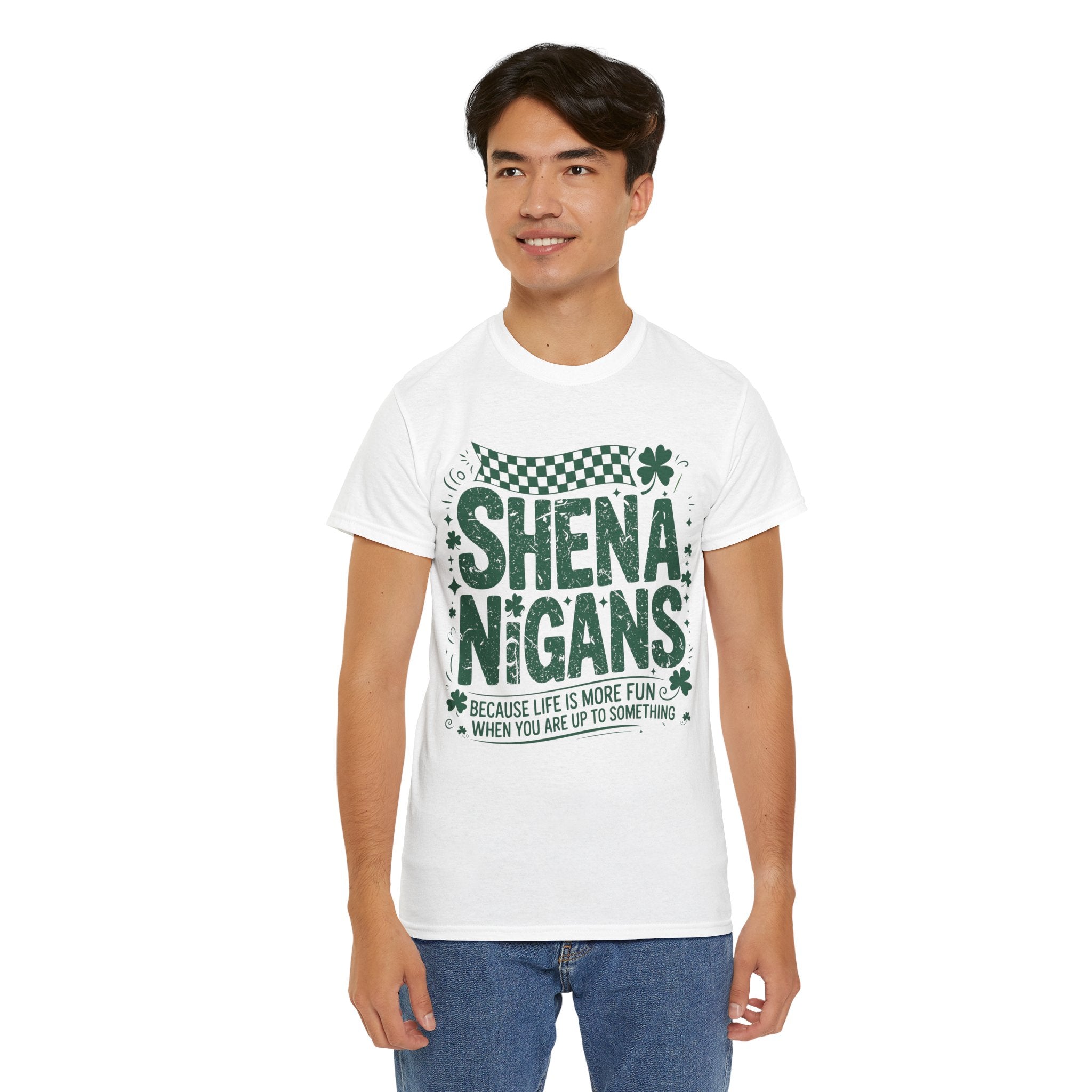 Shenanigans Clover Tee — Bright Green St. Patrick’s Day Shirt with Checkered Flag Unisex Cotton Tee