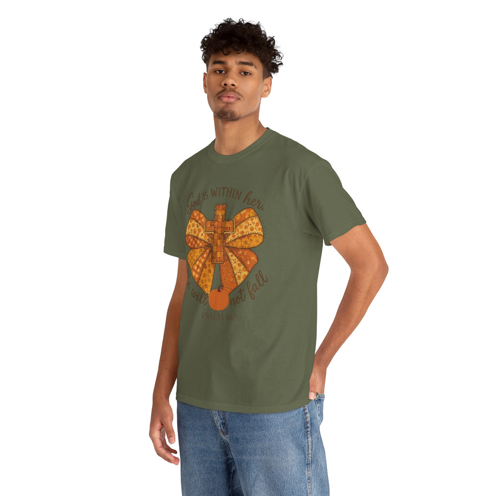 Psalm 46:5 Cross Patchwork Tee — Fall Bow Christian Unisex Cotton T-Shirt