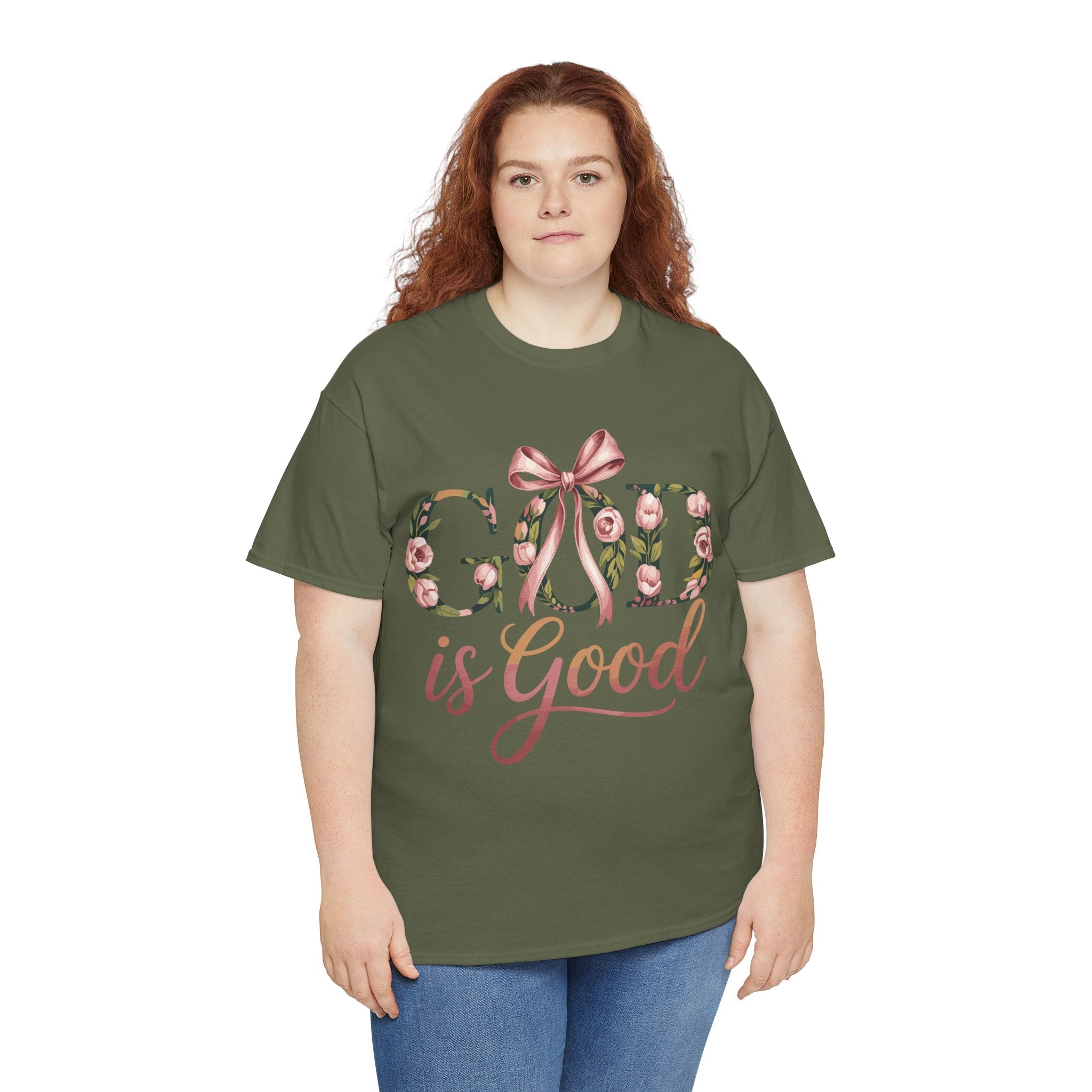 God Is Good Pink Rose Tee — Floral Ribbon Faith Unisex Cotton T-Shirt