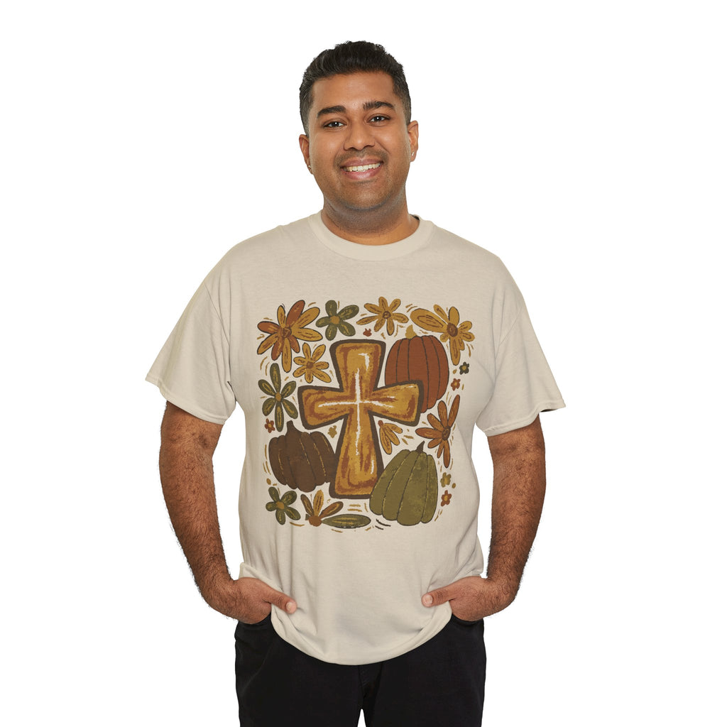 Autumn Cross Tee — Rustic Pumpkin & Fall Floral Christian Unisaex Cotton T-Shirt