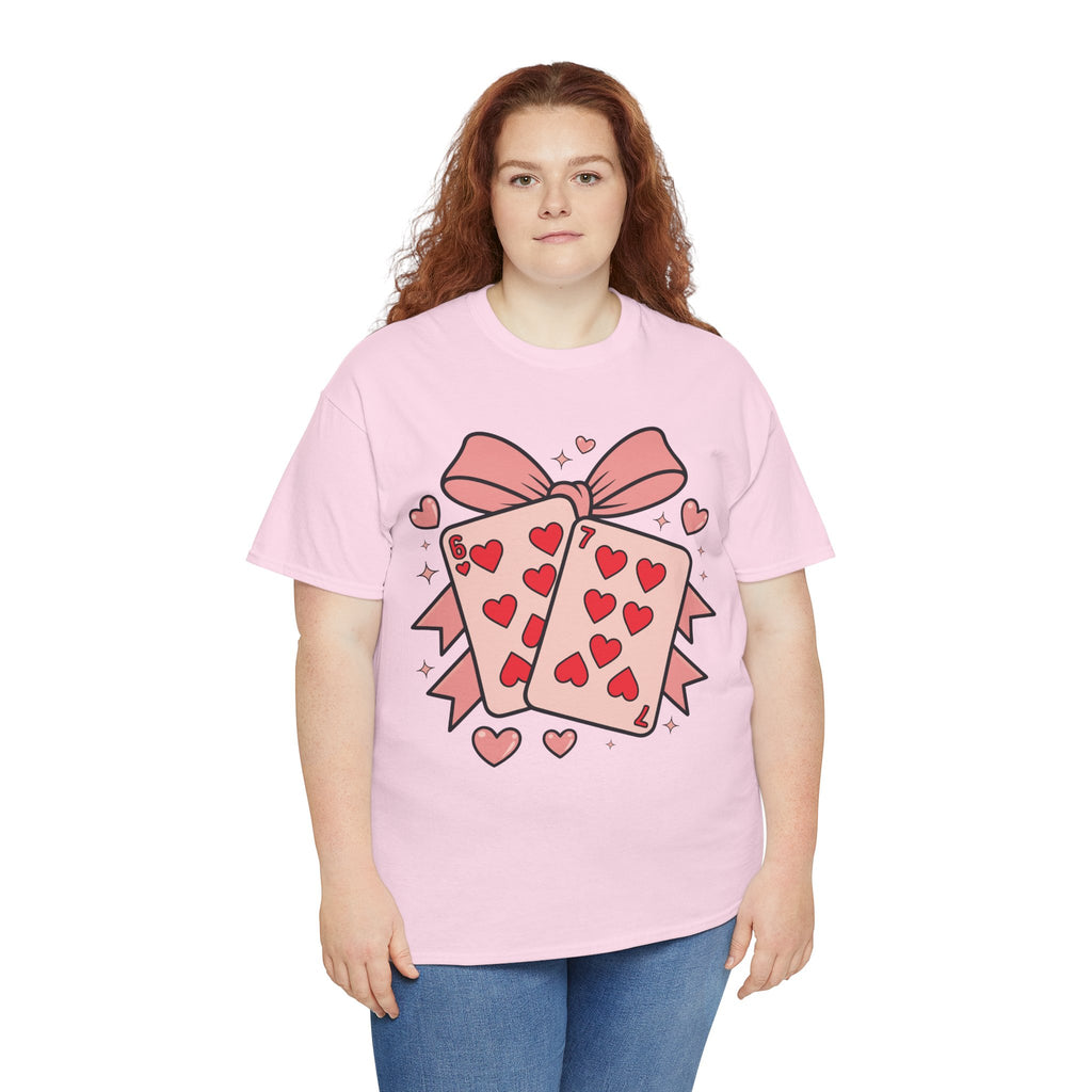 6 & 7 of Hearts T-Shirt — Paired Playing Cards with Pink Bow Unisex Cotton Tee