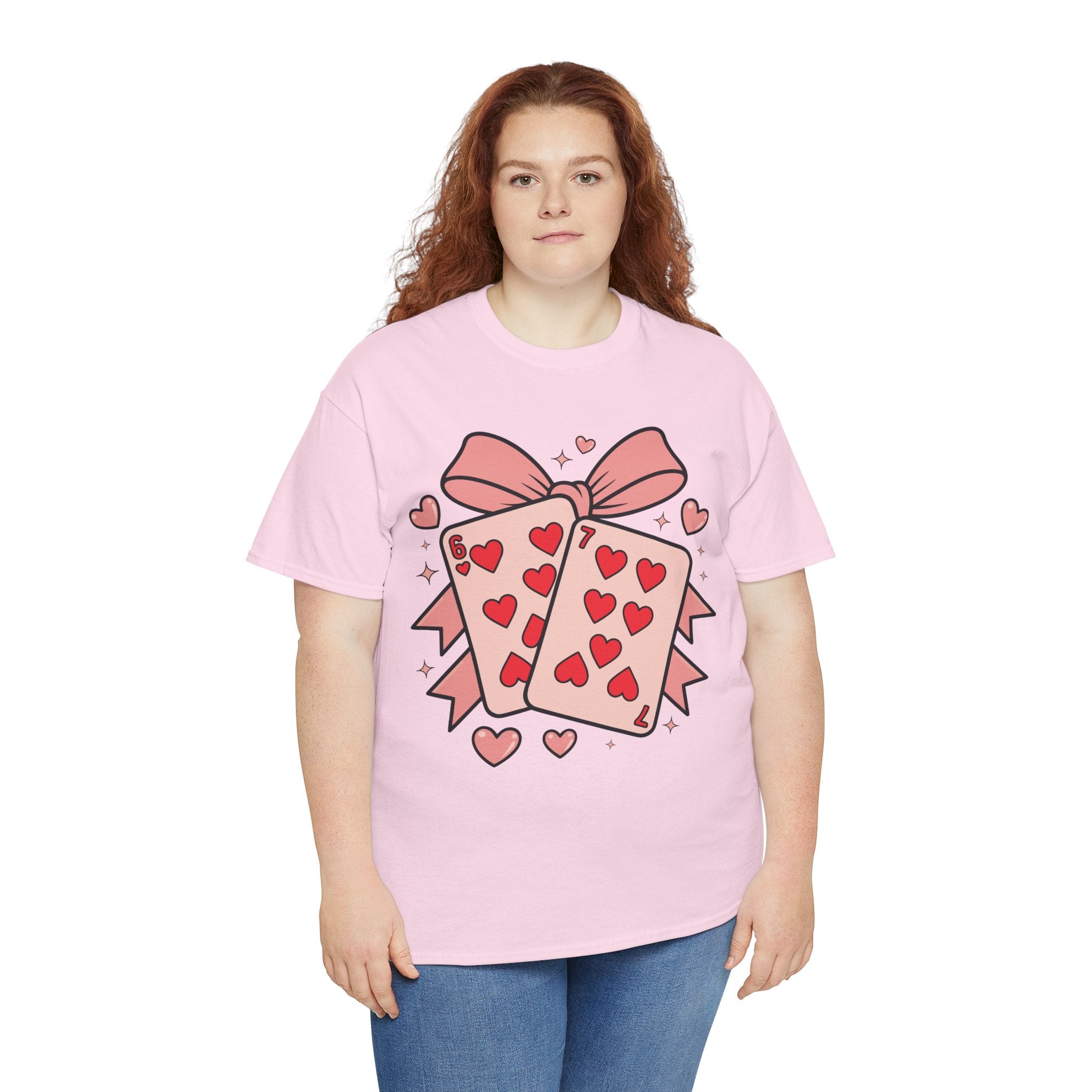 6 & 7 of Hearts T-Shirt — Paired Playing Cards with Pink Bow Unisex Cotton Tee