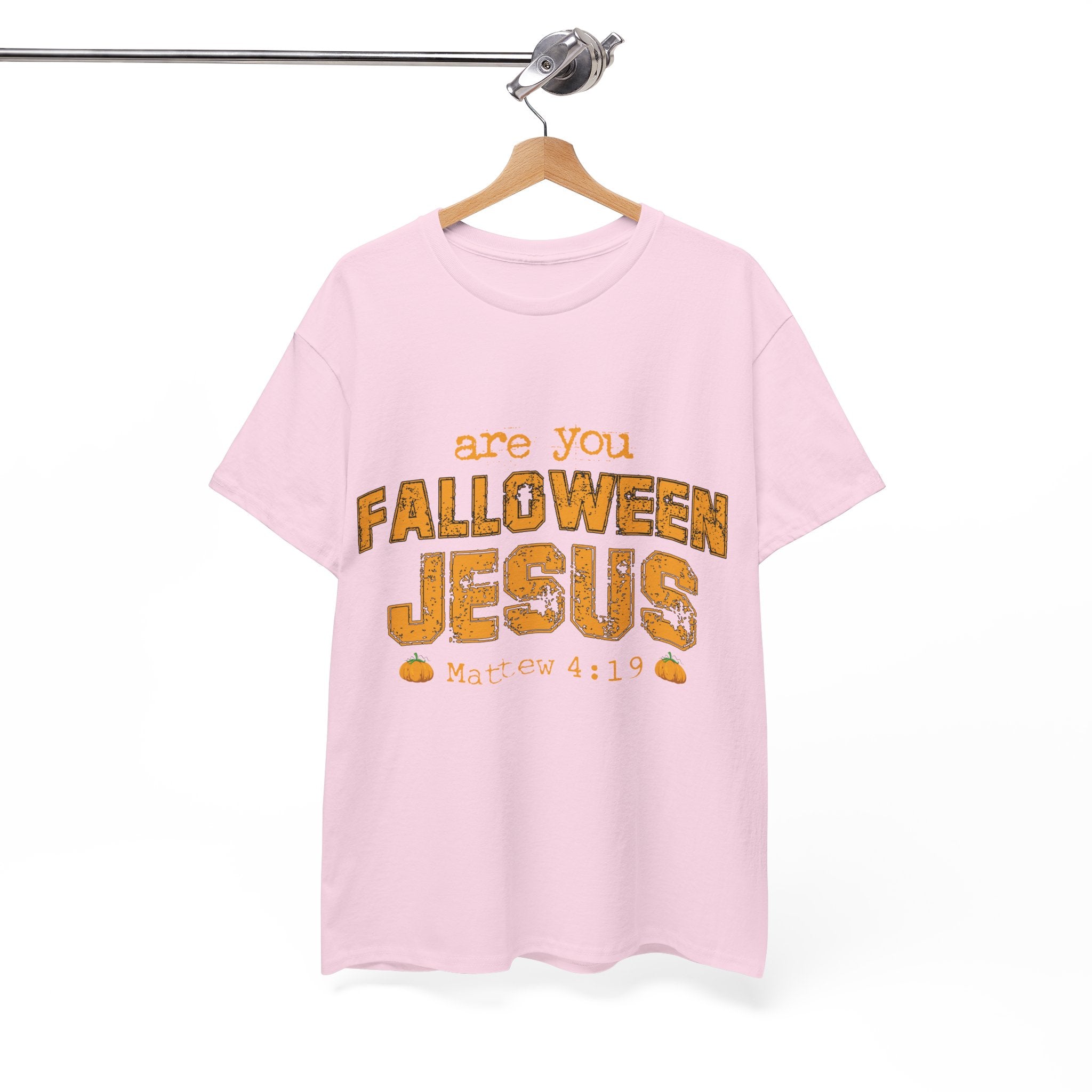 Christian Halloween T-Shirt — “Are You Falloween Jesus? Matthew 4:19” Distressed Pumpkin Design. Unisex Cotton Tee
