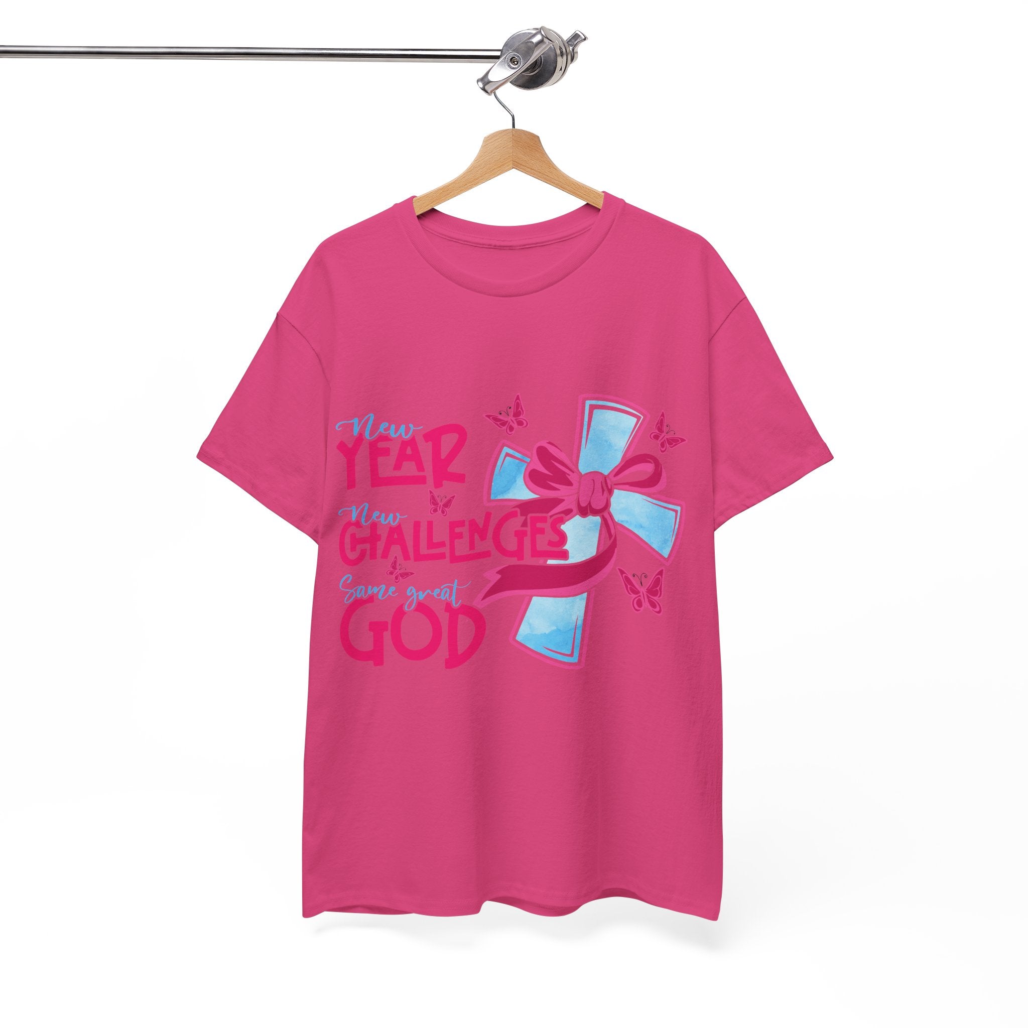 Christian T-Shirt — “New Year, New Challenges, Same Great God” with Pink Bow Cross & Butterflies. Unisex Cotton Tee