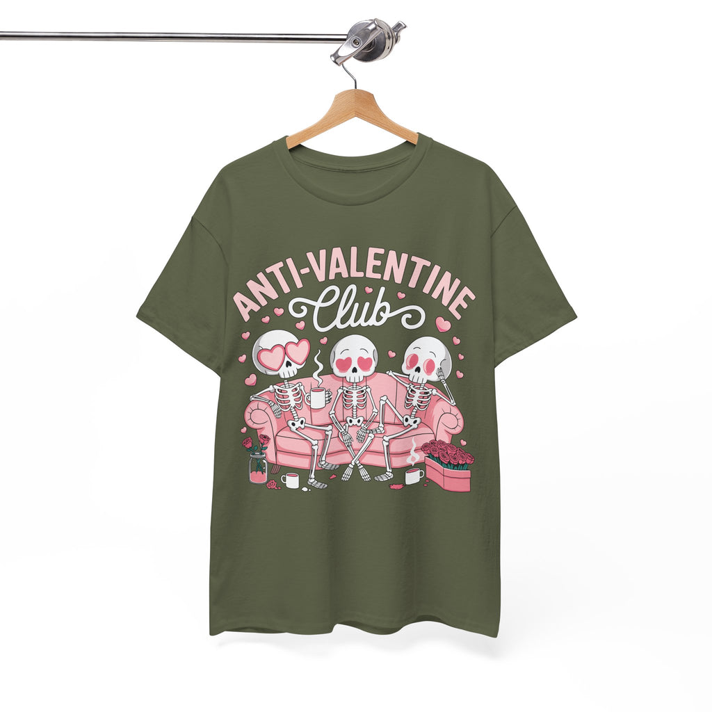 Anti-Valentine Club Skeleton Tee — Anti-Romance Pink Couch Graphic Unisex Cotton T-Shirt
