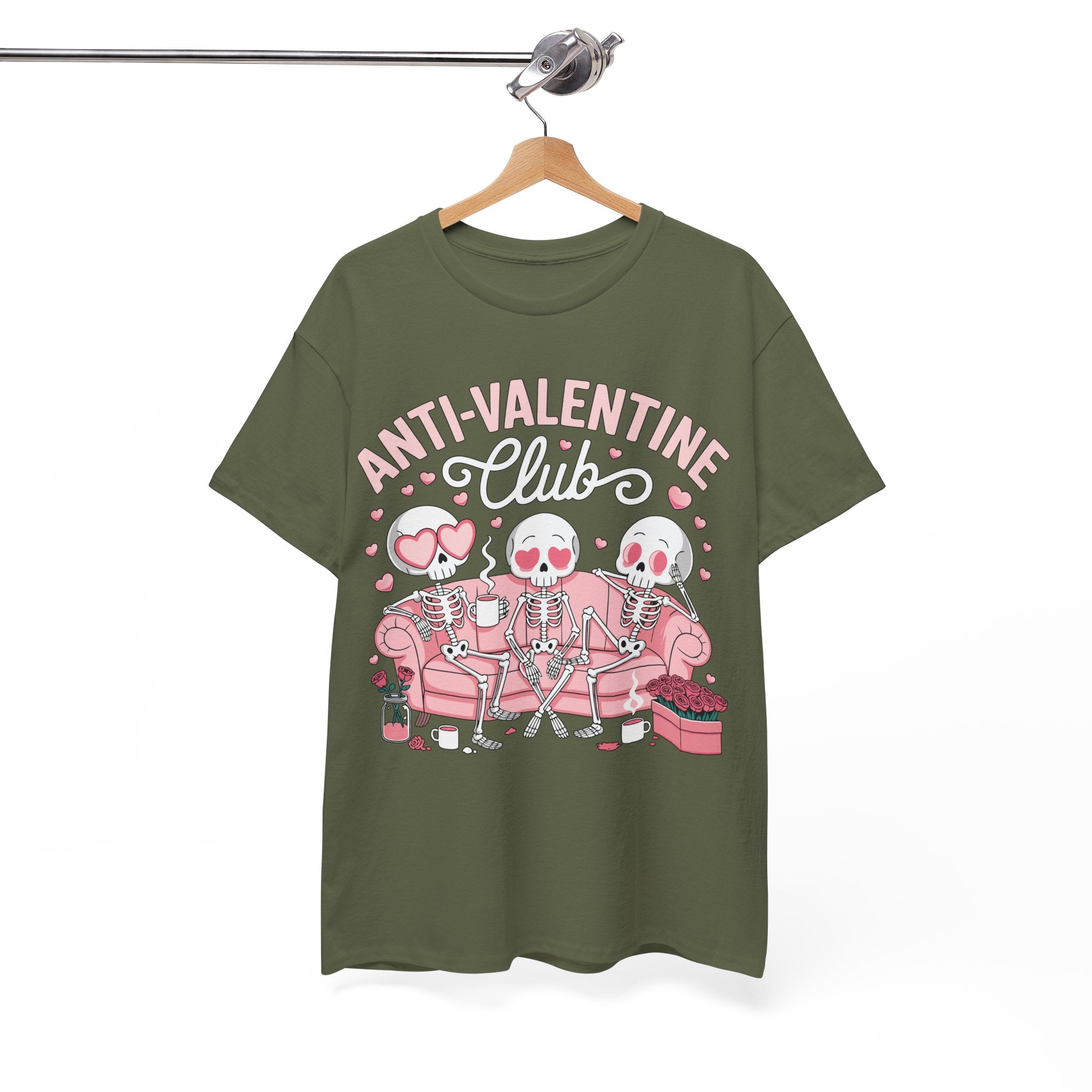 Anti-Valentine Club Skeleton Tee — Anti-Romance Pink Couch Graphic Unisex Cotton T-Shirt