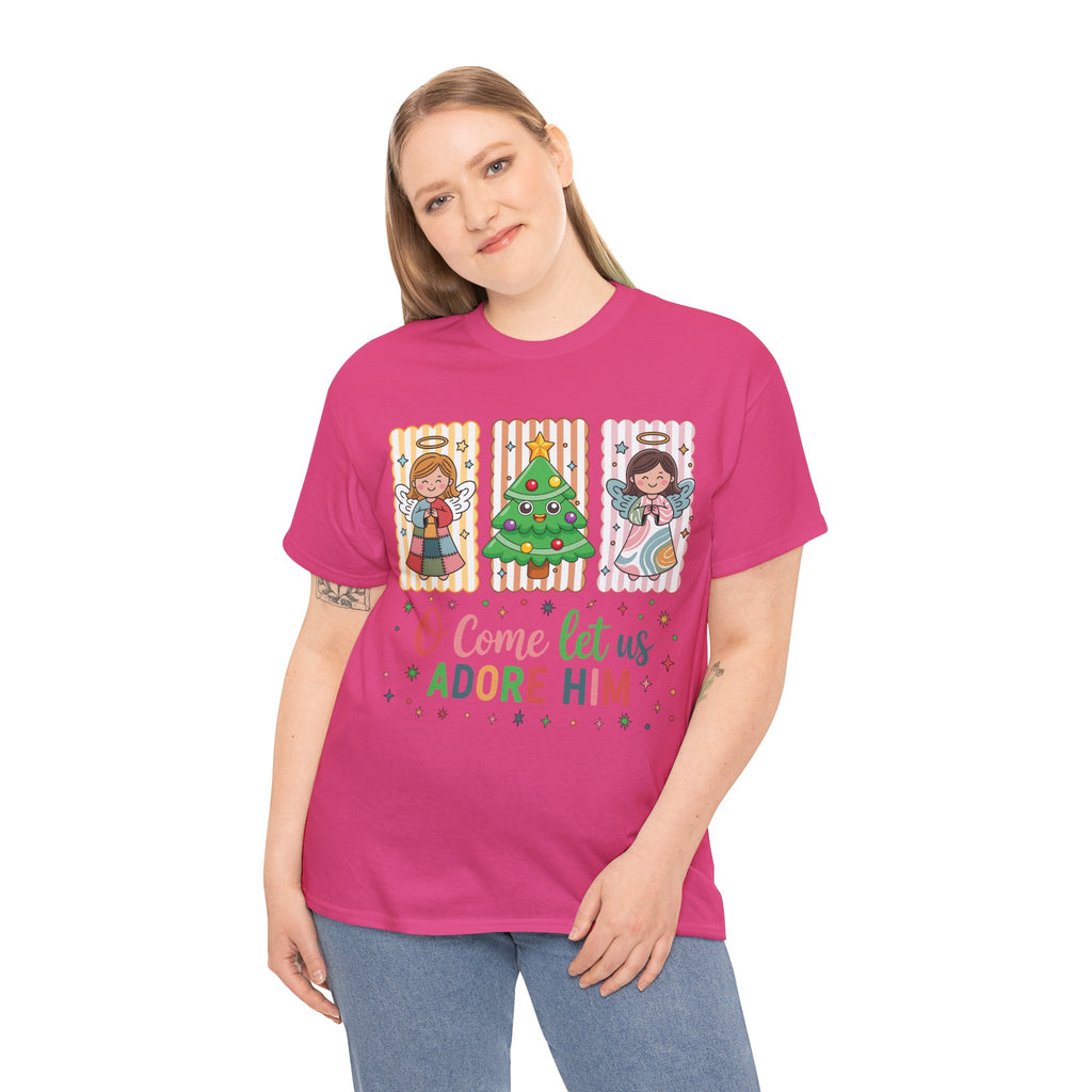 O Come Let Us Adore Him Christmas Tee — Smiling Angels & Happy Tree..Unisex Cotton Tee