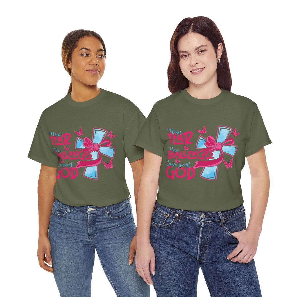 Christian T-Shirt — “New Year, New Challenges, Same Great God” with Pink Bow Cross & Butterflies. Unisex Cotton Tee
