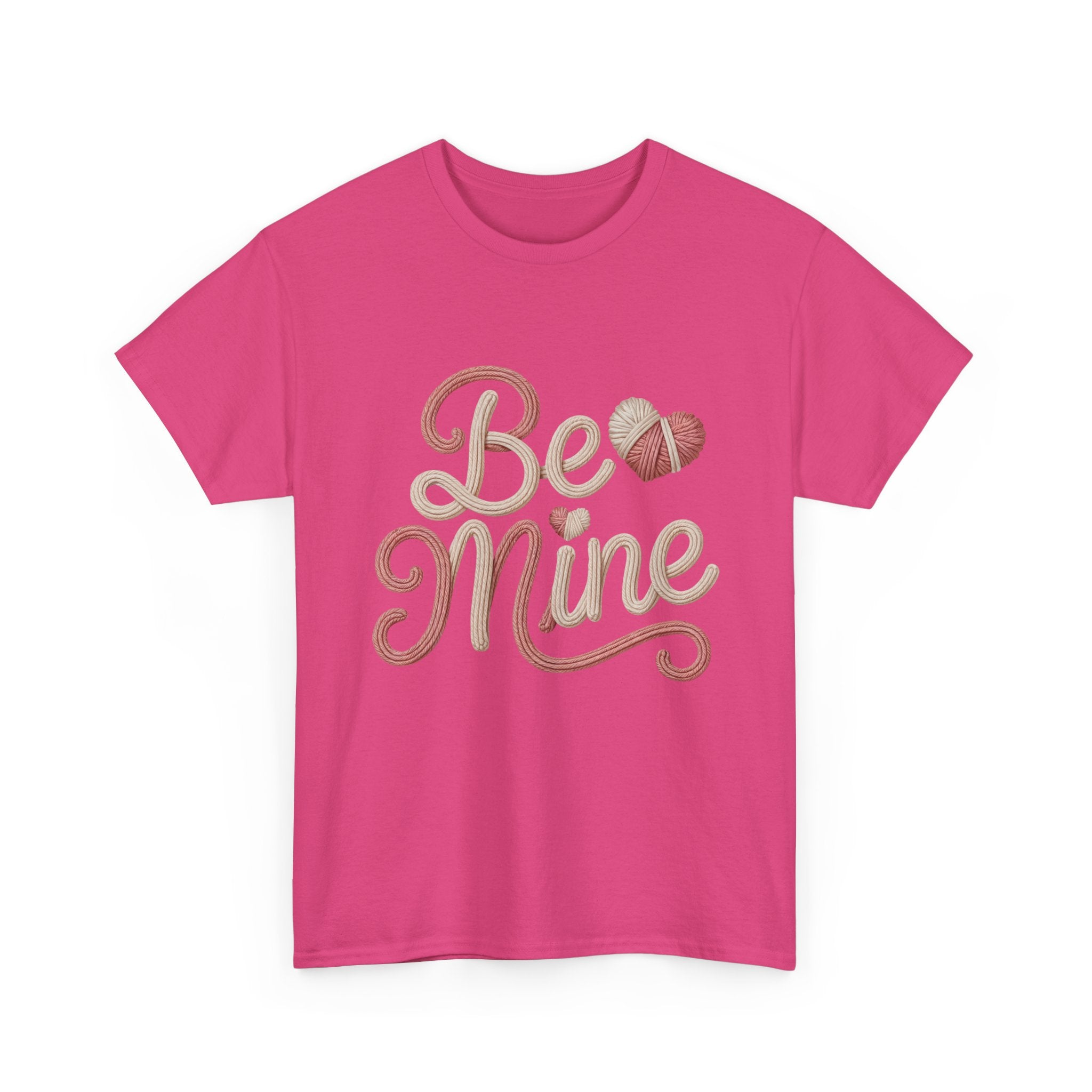 Be Mine Yarn Heart T-Shirt — Valentine’s Faux-Yarn Pink & Cream Unisex Cotton Tee