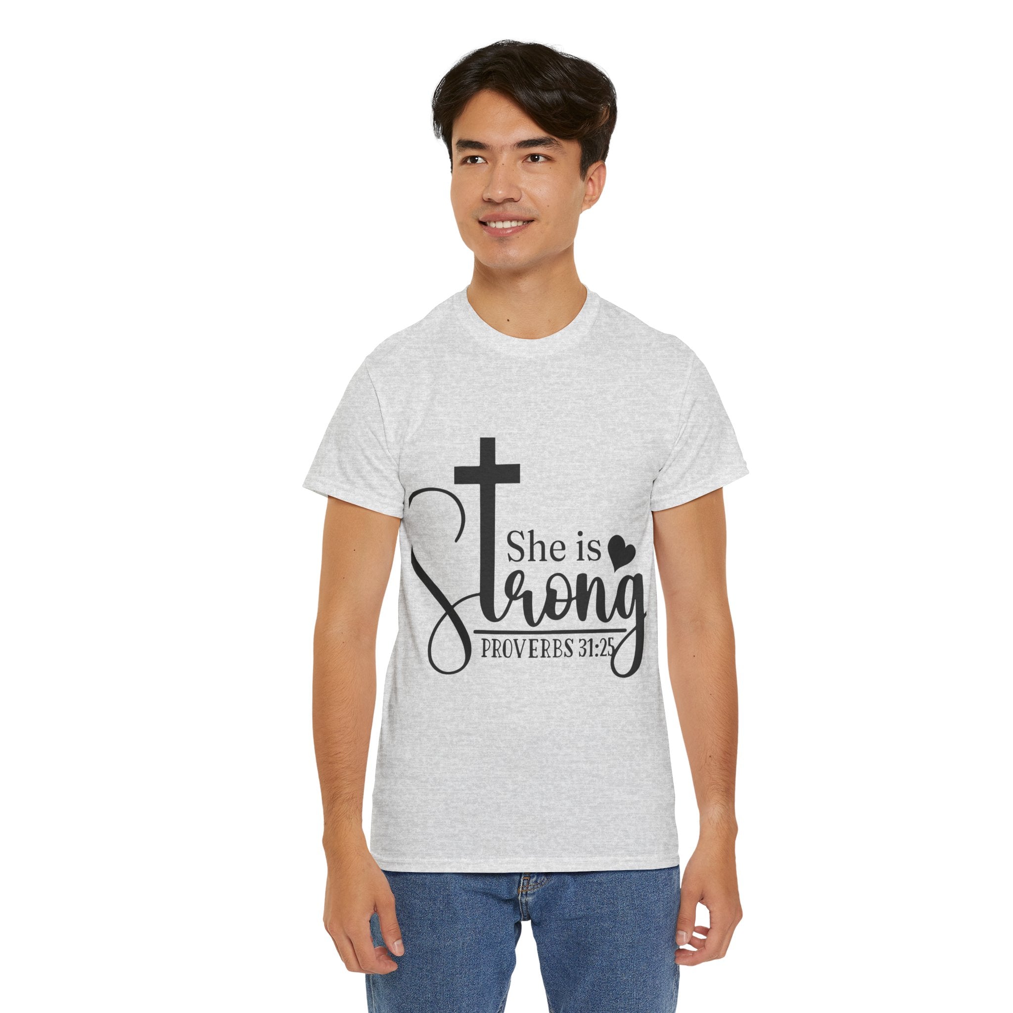 Proverbs 31:25 'She is Strong' T-Shirt – Christian Cross & Heart Unisex Cotton Tee