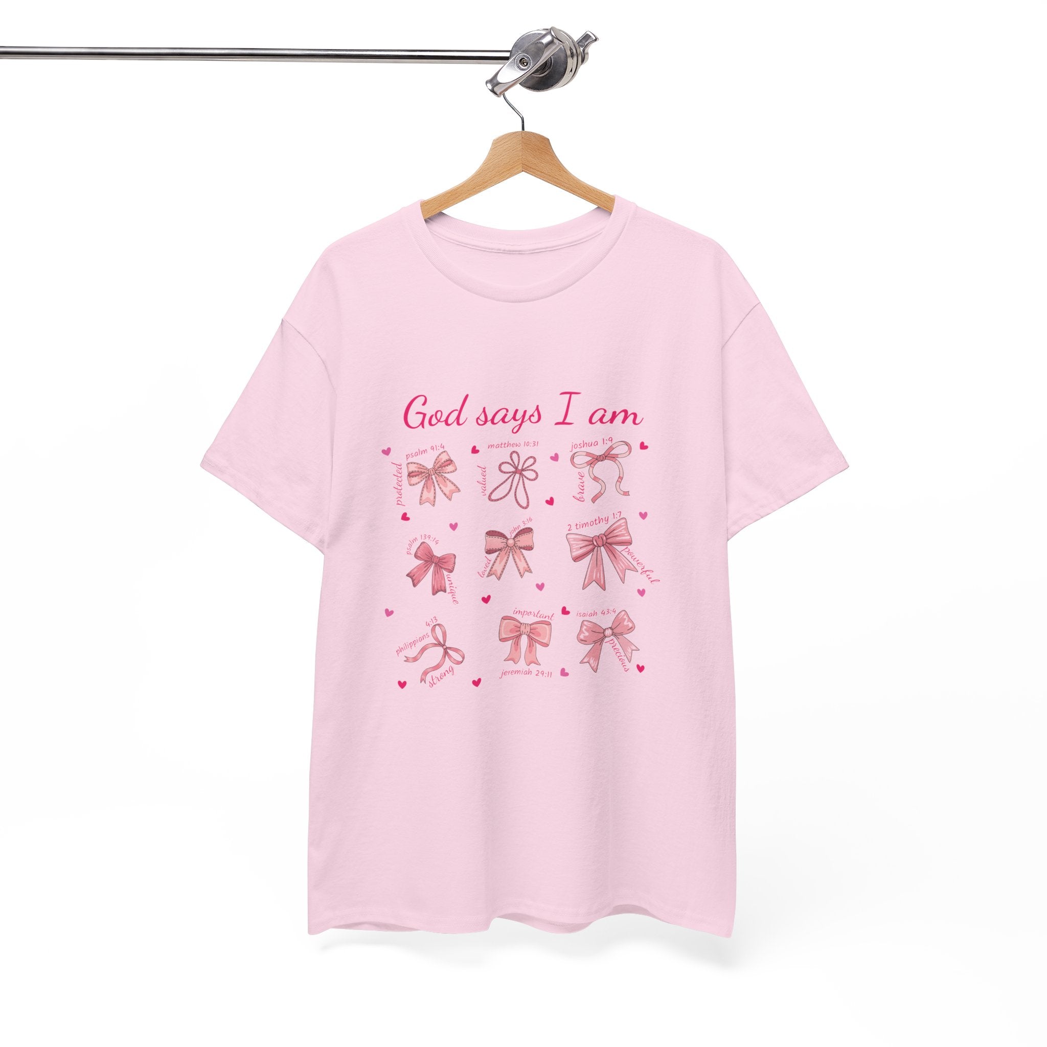 God Says I Am Pink Bow Tee — Faith-Based 'Loved, Brave, Strong' Unisex Cotton Shirt