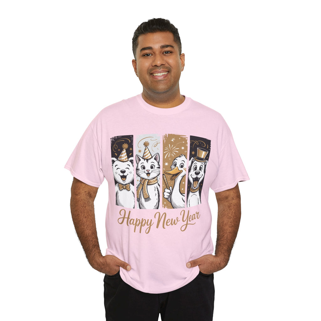 Happy New Year Party Animals T-Shirt — Cute Smiling Animals in Party Hats & Gold Fireworks..Unisex Cotton Tee