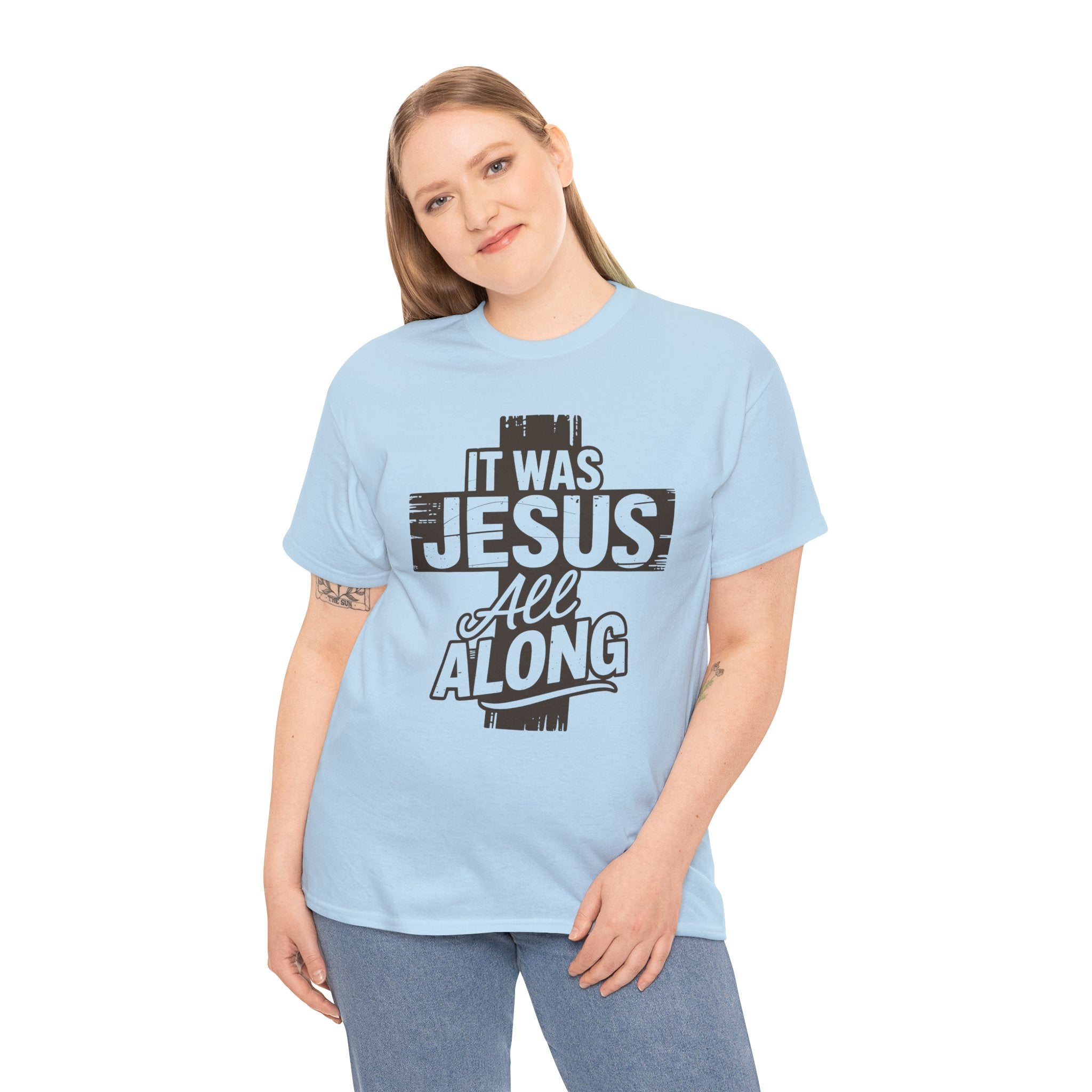 It Was Jesus All Along T-Shirt — Rustic Brown Cross Christian Unisex Cotton Tee