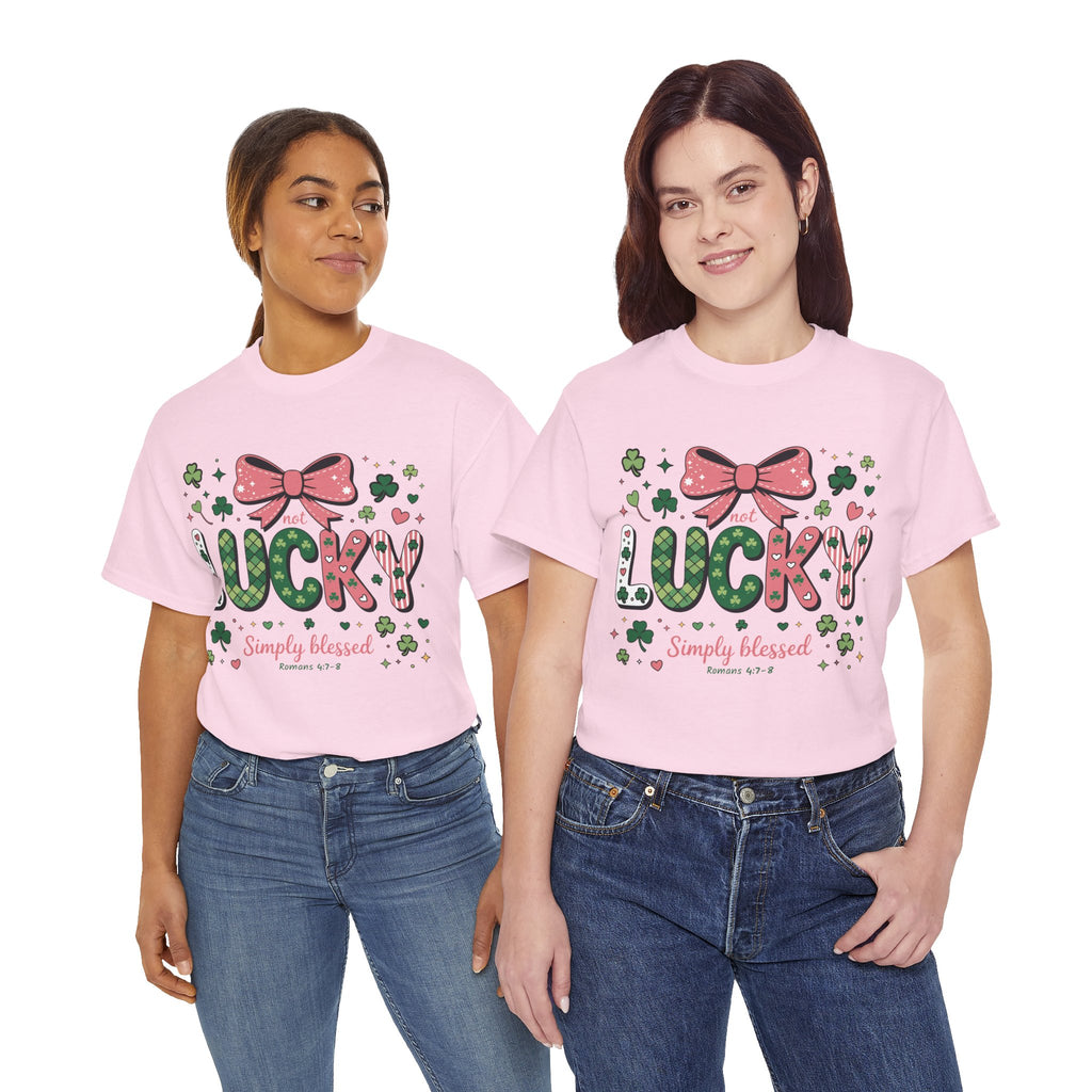 Simply Blessed Tee — “Not Lucky, Simply Blessed” with Pastel Bow, Clovers & Romans 4:7-8 Unisex Cotton Tee