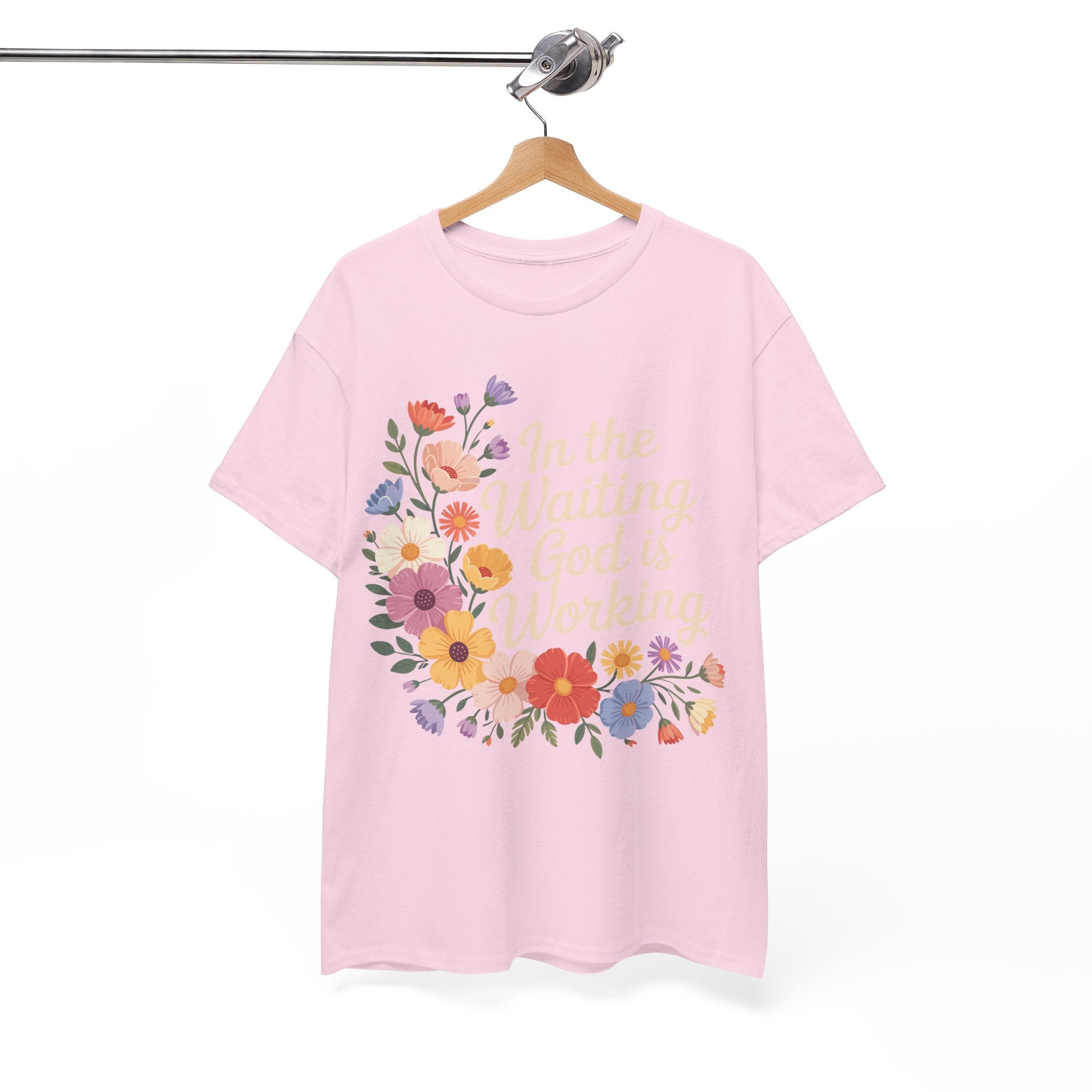 Pastel Floral “In the Waiting God Is Working” Unisex Cotton T-Shirt