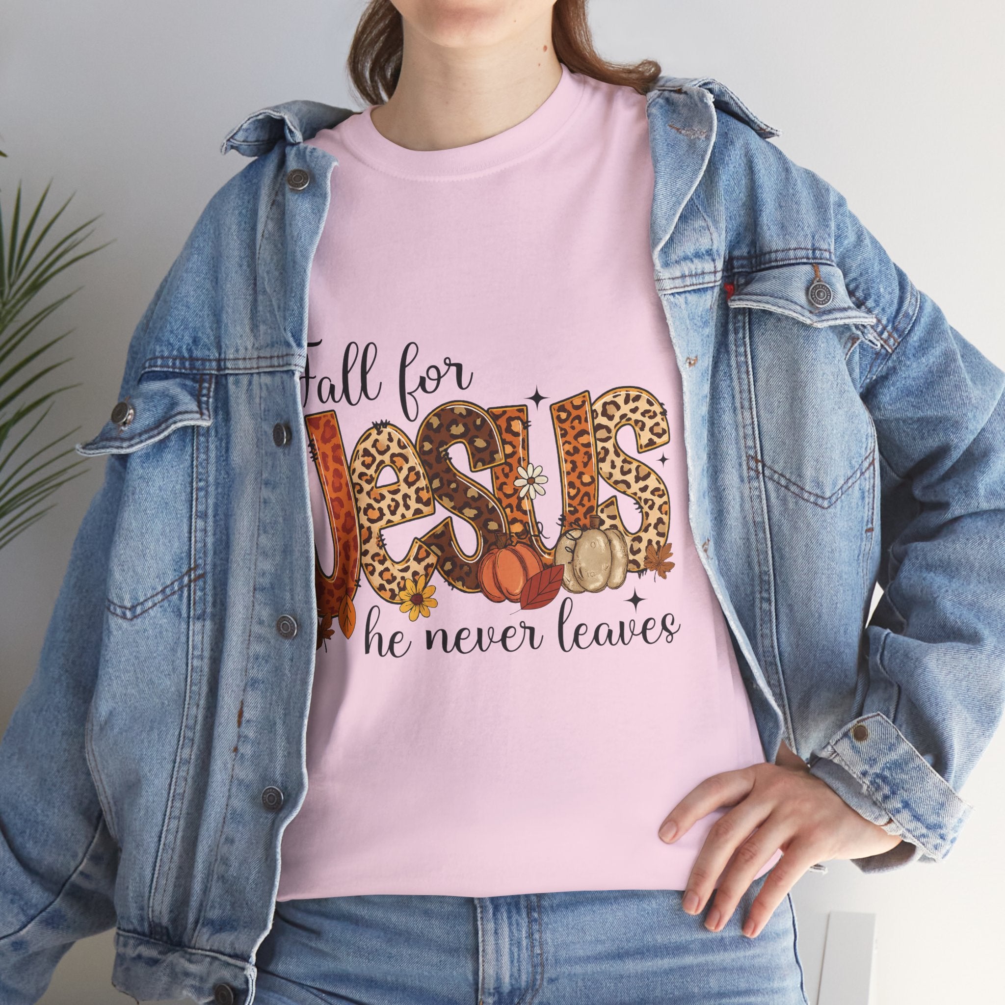 JESUS Leopard Print Fall T-Shirt — Pumpkins, Leaves & Floral Christian Unisex Cotton Tee