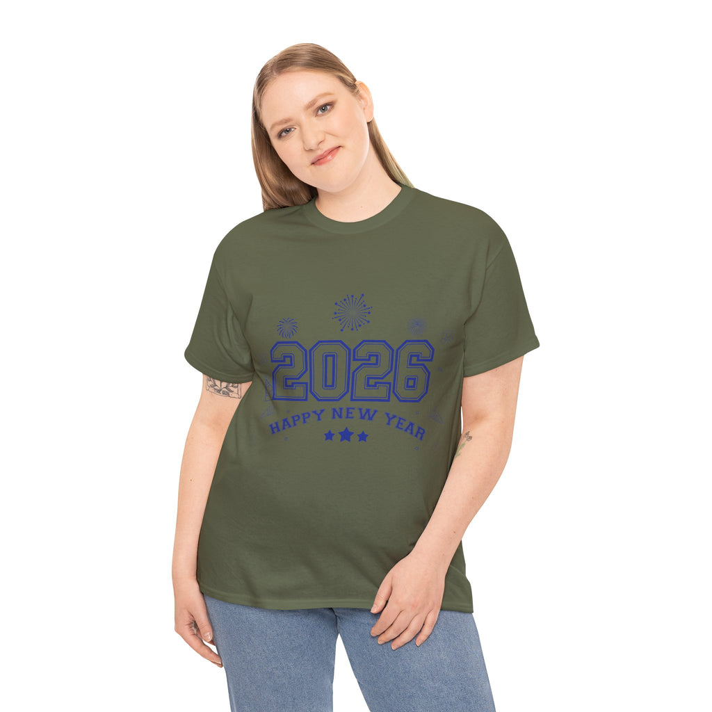 Happy New Year 2026 Varsity Tee — Fireworks & Confetti Celebration Unisex Cotton Tee