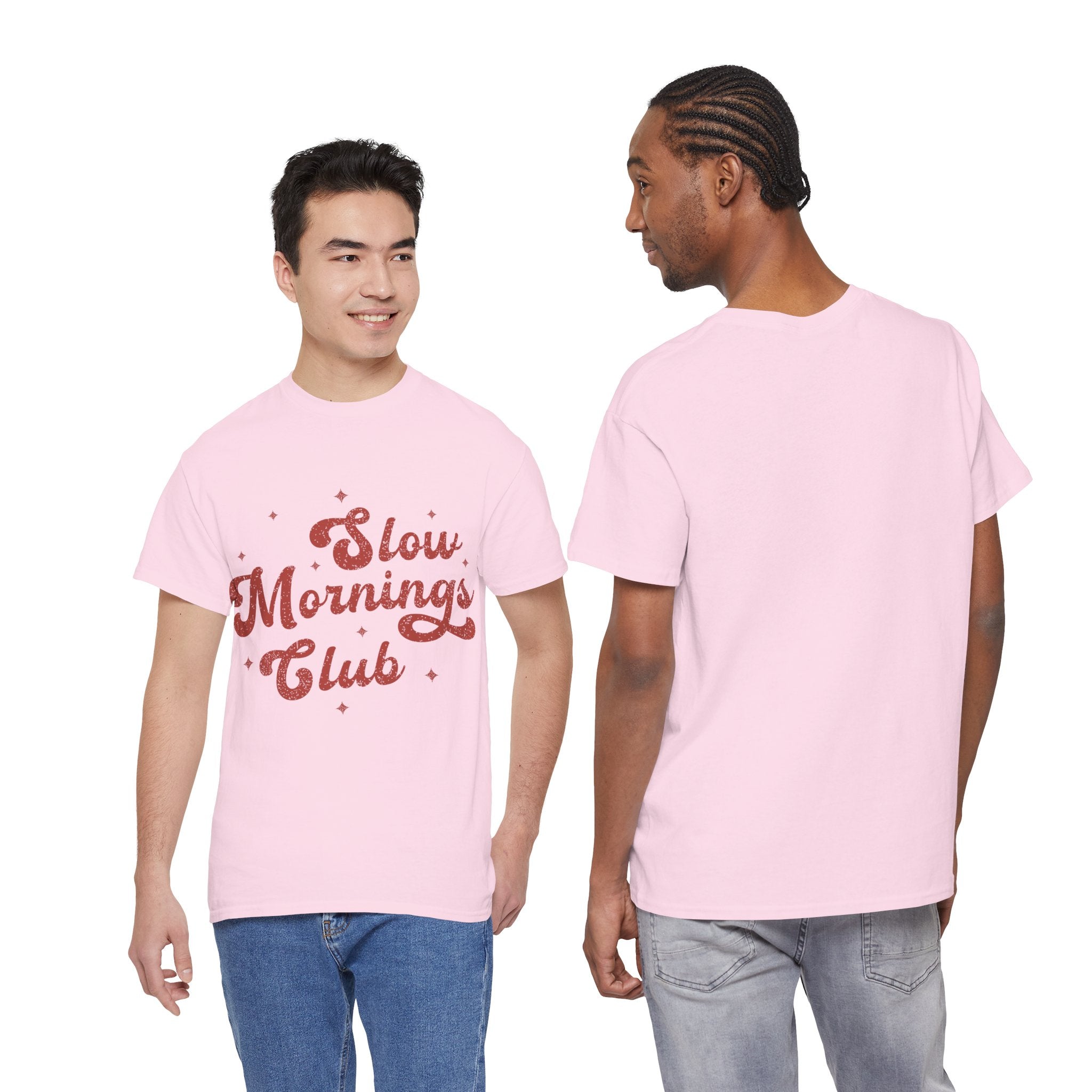 Slow Mornings Club T-Shirt — Retro Red Sparkle Unisex Cotton Tee