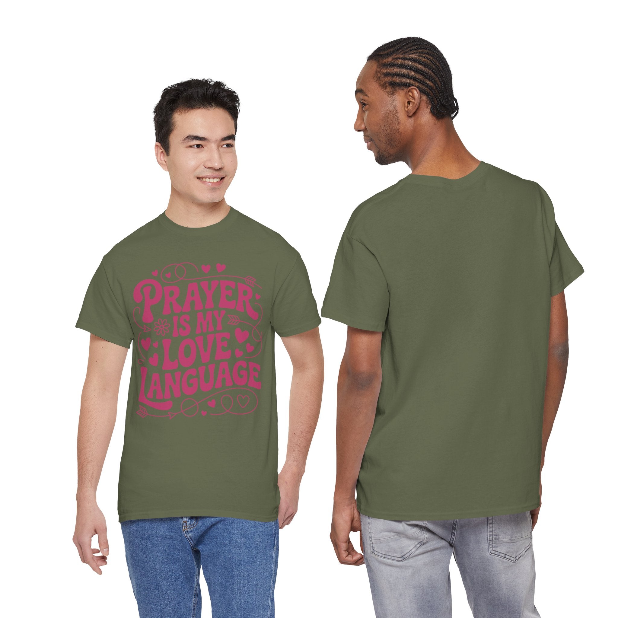 Prayer Is My Love Language Christian Tee — Pastel Pink Hearts Unisex Cotton Tee