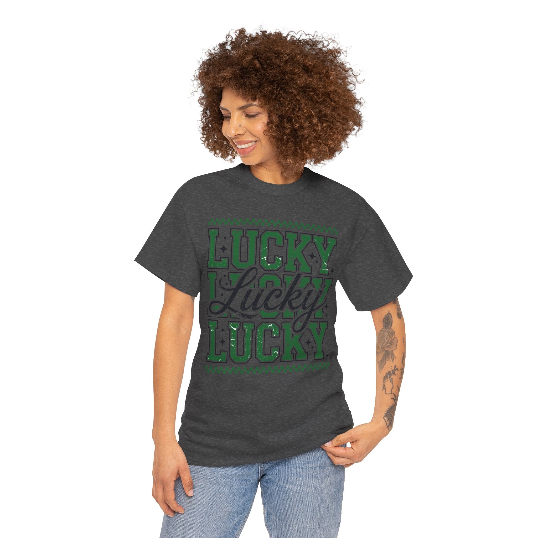 Lucky Varsity Tee — Layered Green ‘Lucky’ Graphic Unisex Cotton Tee