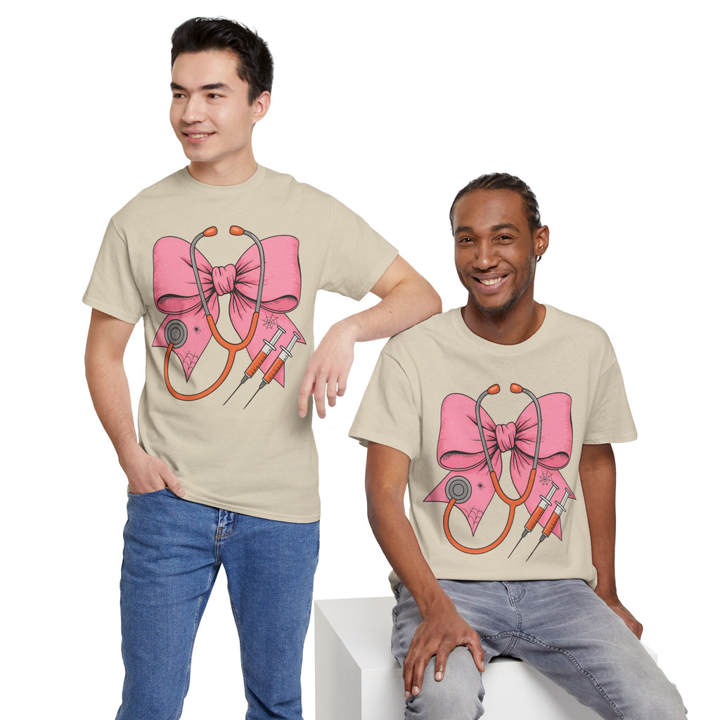 Halloween Nurse T‑Shirt — Pink Nurse Bow with Stethoscope, Syringes & Spider Webs..Unisex Cotton Tee