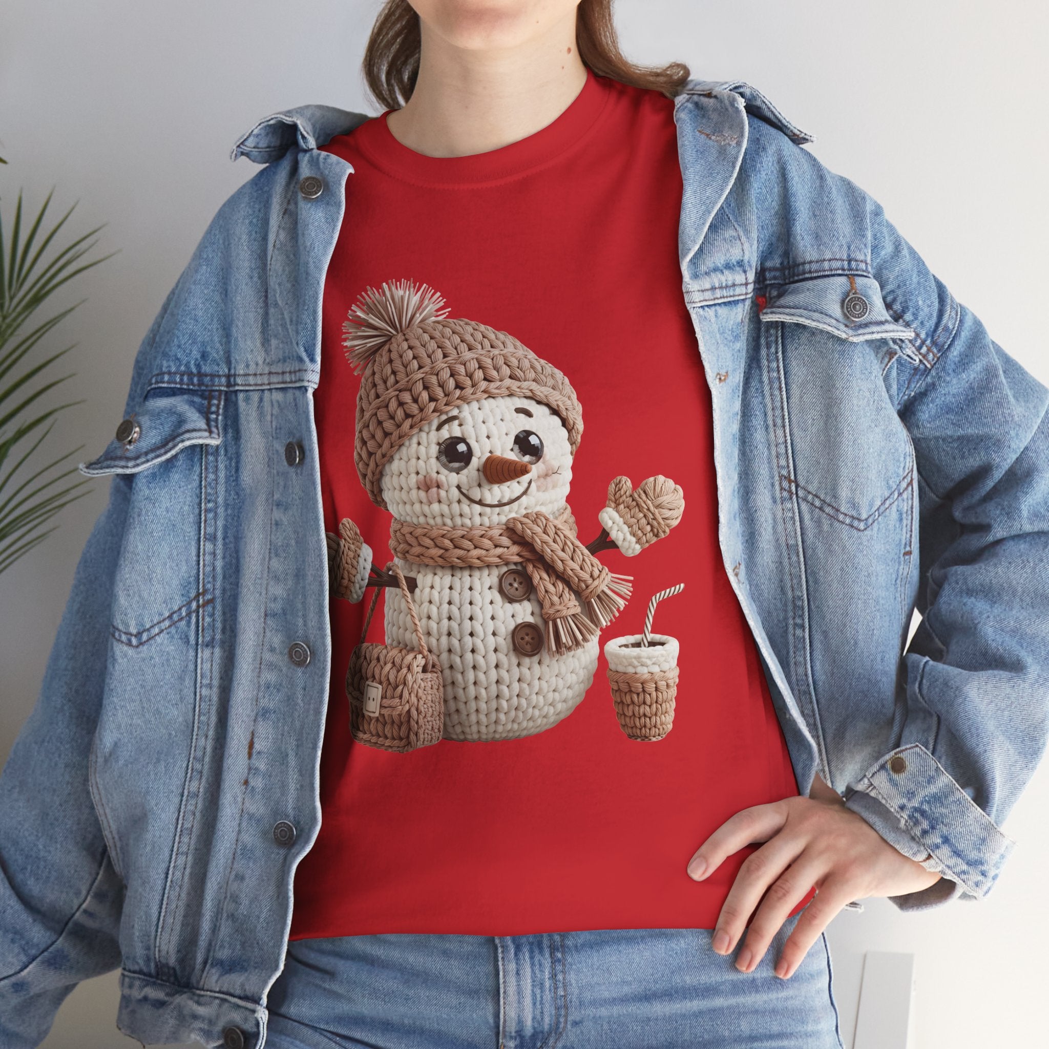 Snowman Knit‑Style Graphic Tee — Cute Faux‑Yarn Snowman with Hat, Scarf & Mittens.Unisex Cotton Tee