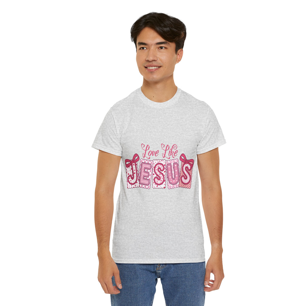 Love Like Jesus Patchwork Tee — Pink Stitched Heart Graphic.Unisex Cotton Tee