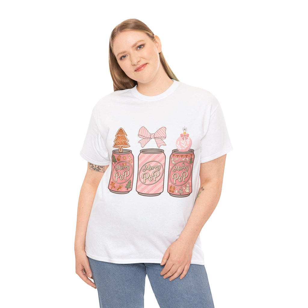 Merry Pop Christmas Soda Can Tee — Pastel Holiday Graphic Unisex Cotton T-Shirt