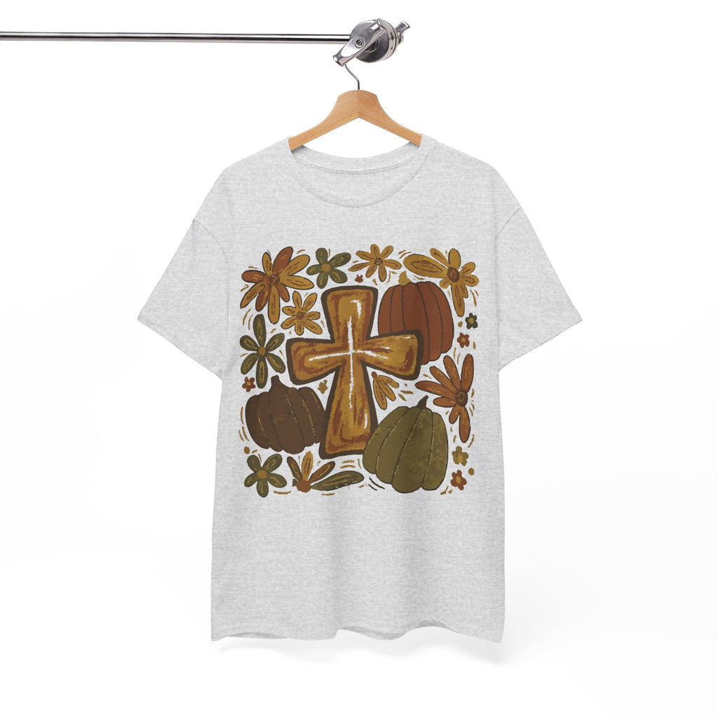 Autumn Cross Tee — Rustic Pumpkin & Fall Floral Christian Unisaex Cotton T-Shirt