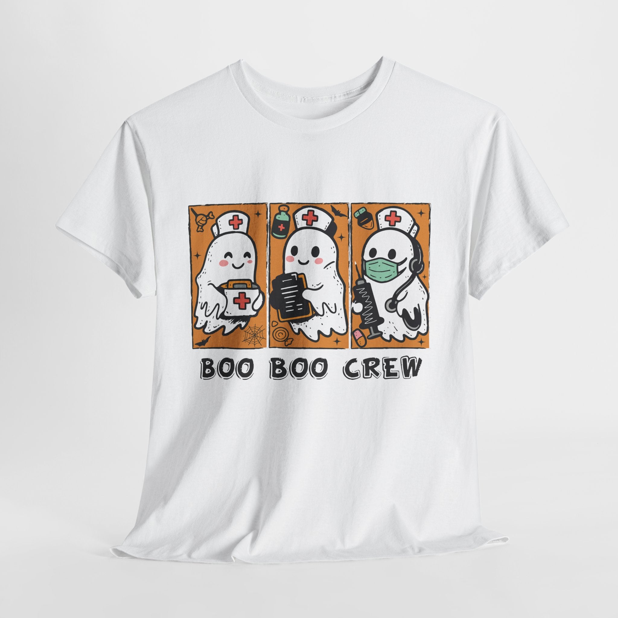 Halloween Nurse T-Shirt — Ghost Nurses Holding Medical Tools on Orange Unisec Cotton Tee