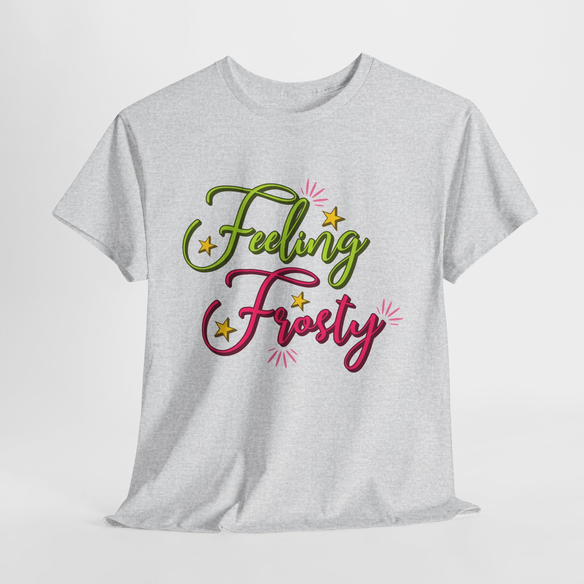 Feeling Frosty Holiday T-Shirt — Green & Pink Script Stars.Unisex Cotton Tee