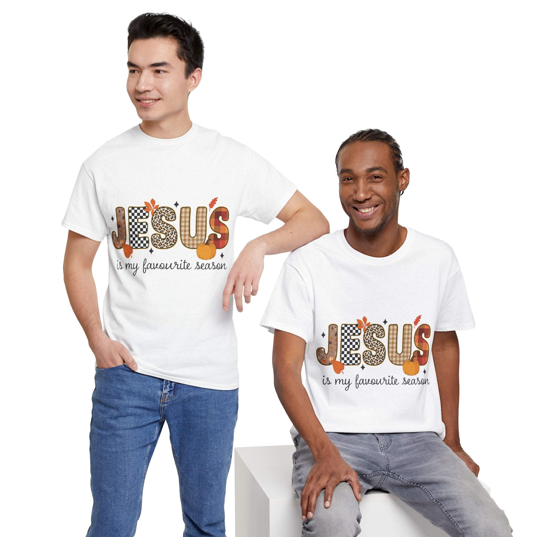 Jesus Is My Favorite Season Tee — Autumn Plaid & Leopard Lettering Unisex Cotton Tee