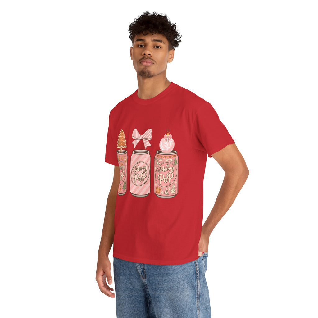 Merry Pop Christmas Soda Can Tee — Pastel Holiday Graphic Unisex Cotton T-Shirt