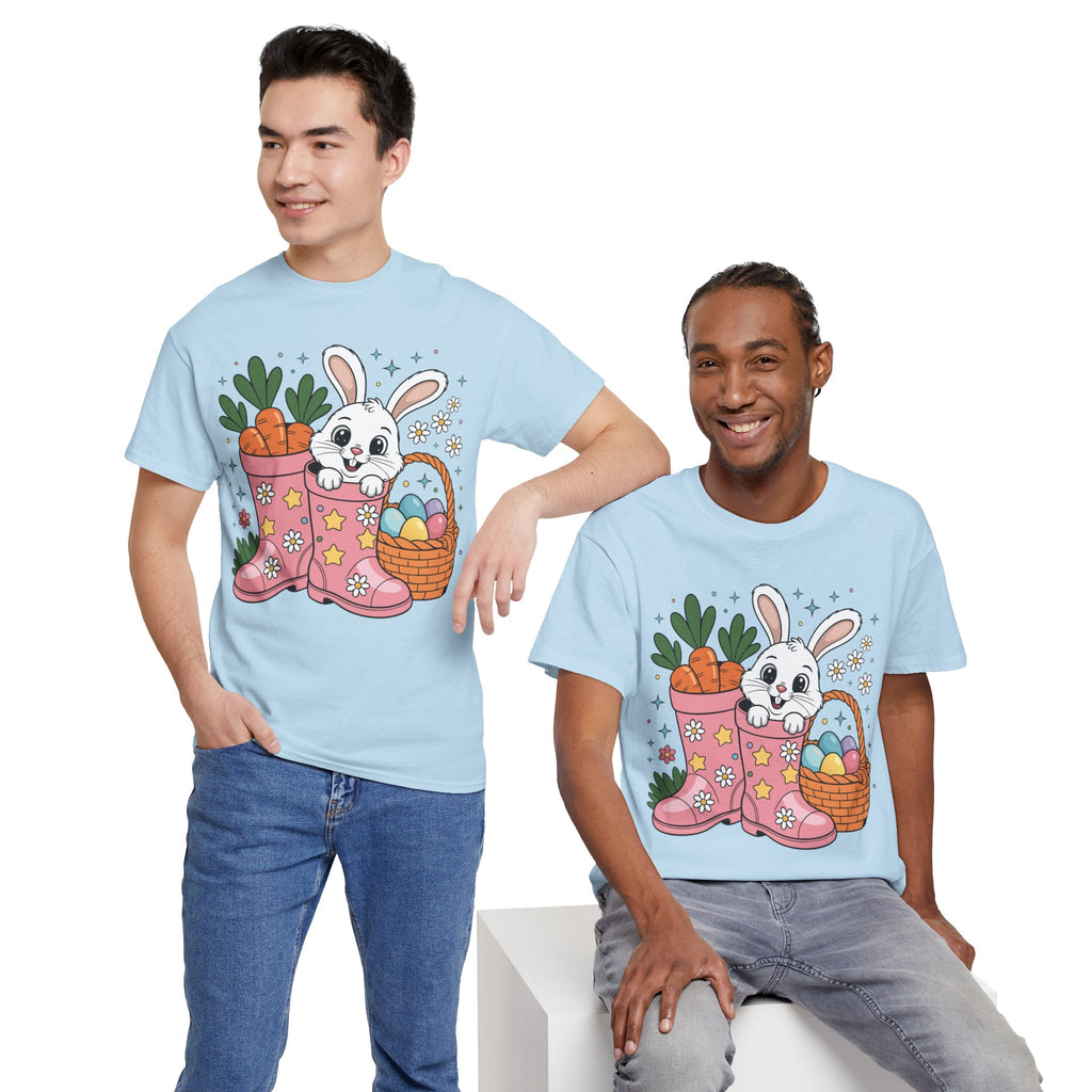 Easter Bunny in Pink Rain Boots T-Shirt — Cartoon Bunny, Carrots & Colorful Eggs Unisex Cotton Tee