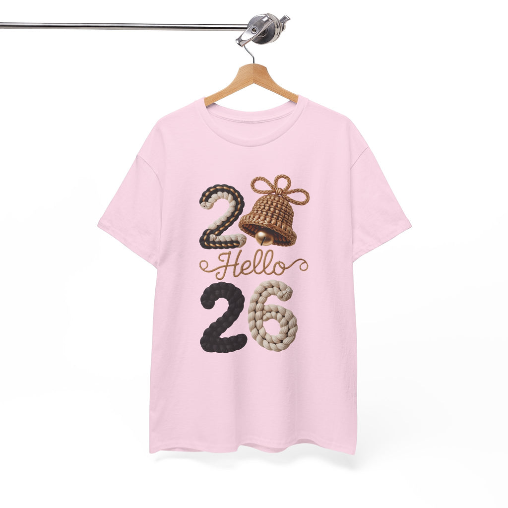 Hello 2026 Tee — Cozy Faux Yarn Braided Numbers with Woven Golden Bell..Unisex Cotton Tee