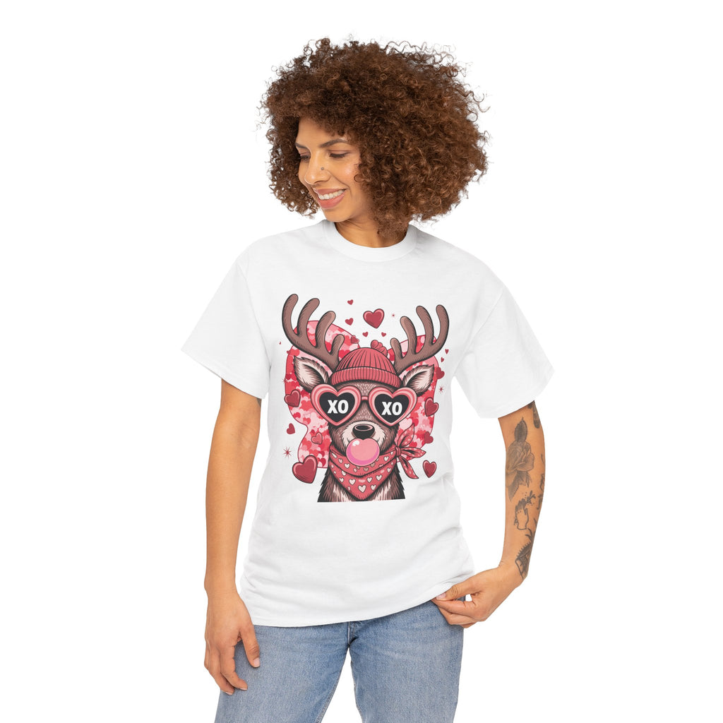Valentine Deer Tee — Cute XO Heart Glasses, Beanie & Scarf Unisex Cotton Tshirt