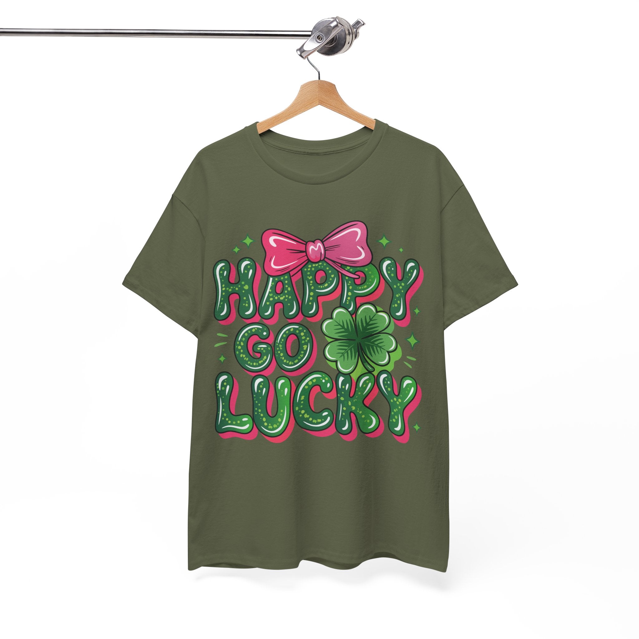Happy Go Lucky Four-Leaf Clover Tee — Glossy Green Letters & Pink Bow Unisex Cotton Tee