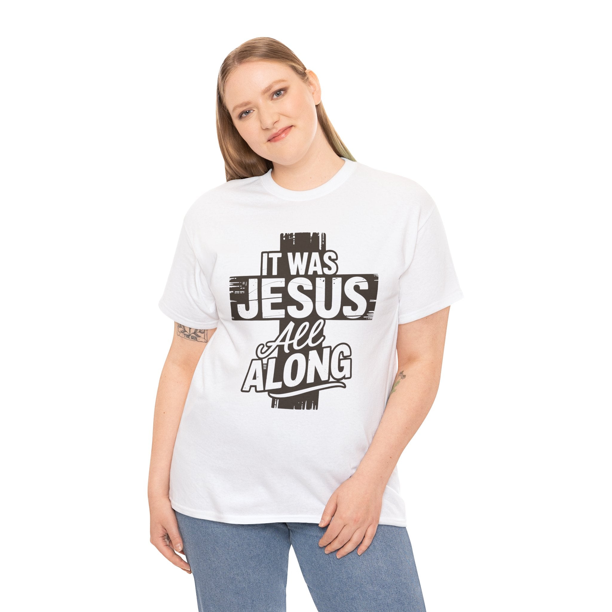 It Was Jesus All Along T-Shirt — Rustic Brown Cross Christian Unisex Cotton Tee