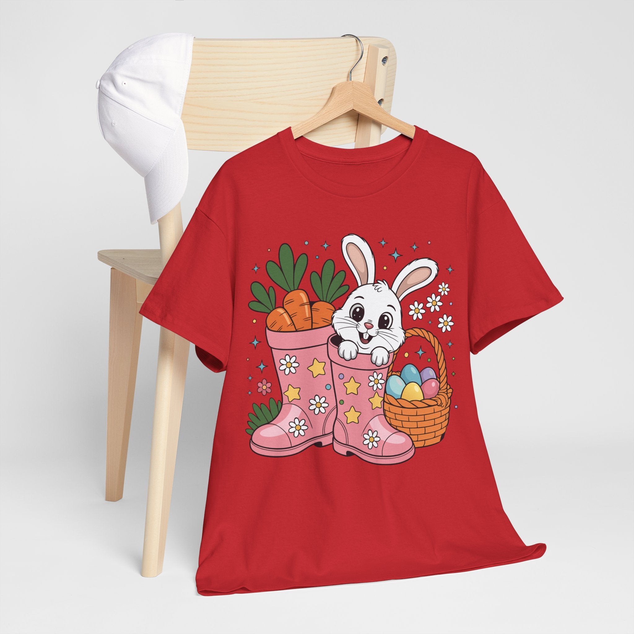 Easter Bunny in Pink Rain Boots T-Shirt — Cartoon Bunny, Carrots & Colorful Eggs Unisex Cotton Tee
