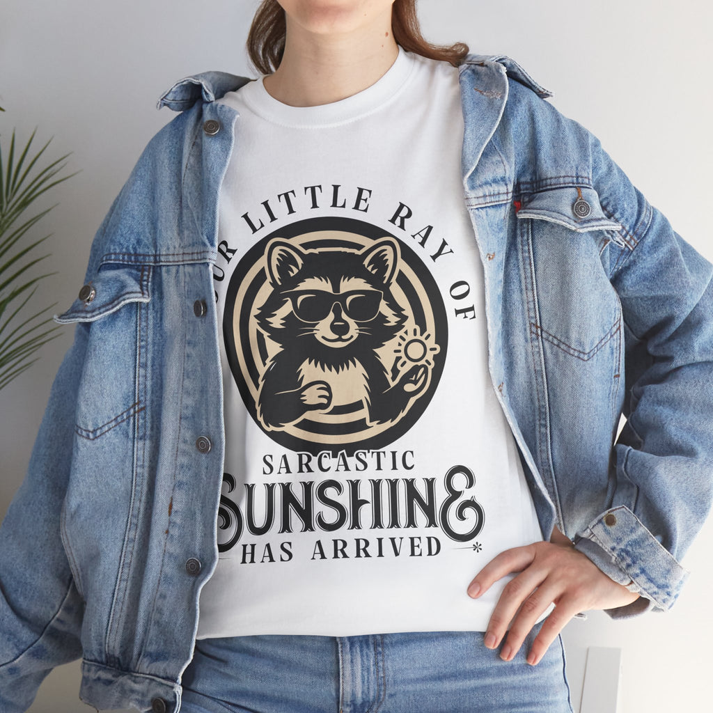 Cool Raccoon Sunglasses T-Shirt — Raccoon Holding Sun Graphic Unisex Cotton Tee