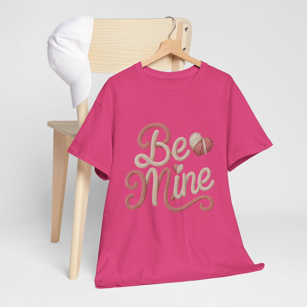 Be Mine Yarn Heart T-Shirt — Valentine’s Faux-Yarn Pink & Cream Unisex Cotton Tee