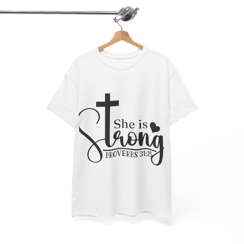 Proverbs 31:25 'She is Strong' T-Shirt – Christian Cross & Heart Unisex Cotton Tee
