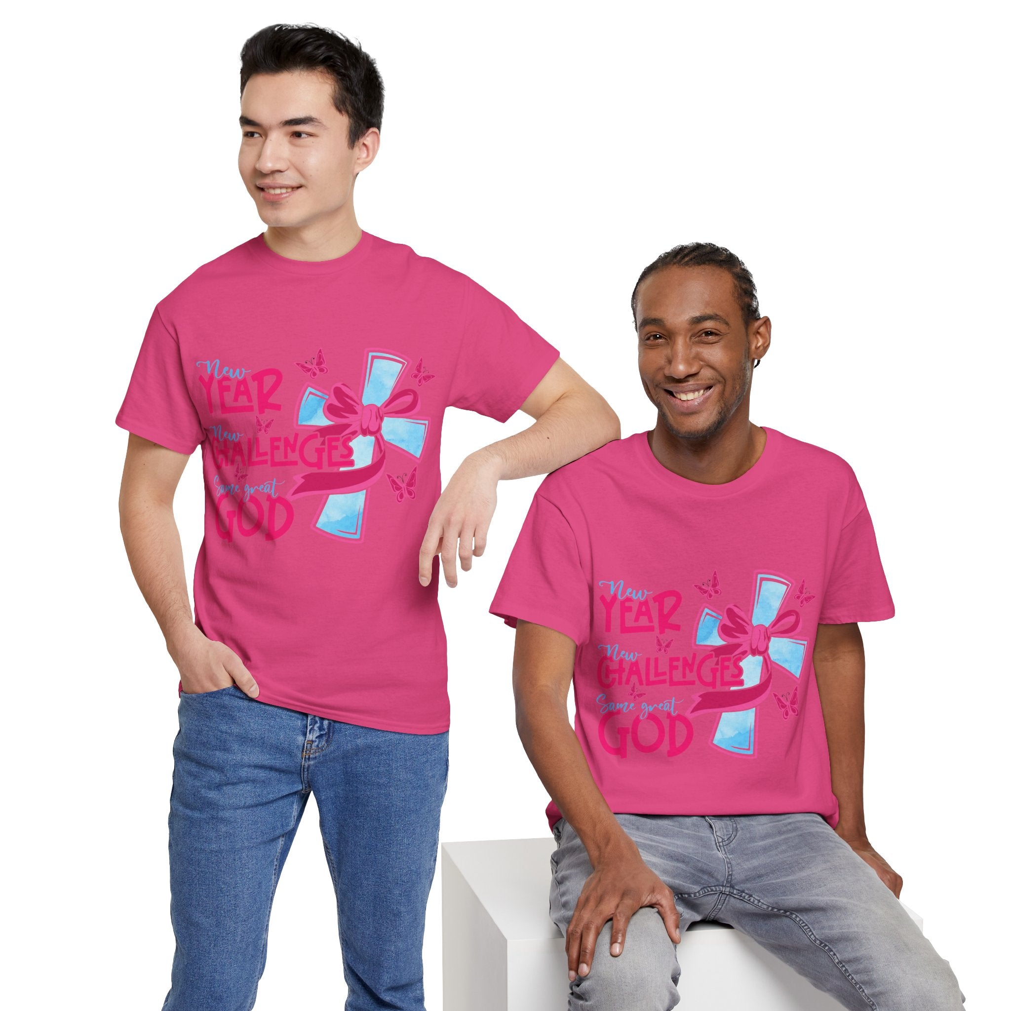 Christian T-Shirt — “New Year, New Challenges, Same Great God” with Pink Bow Cross & Butterflies. Unisex Cotton Tee