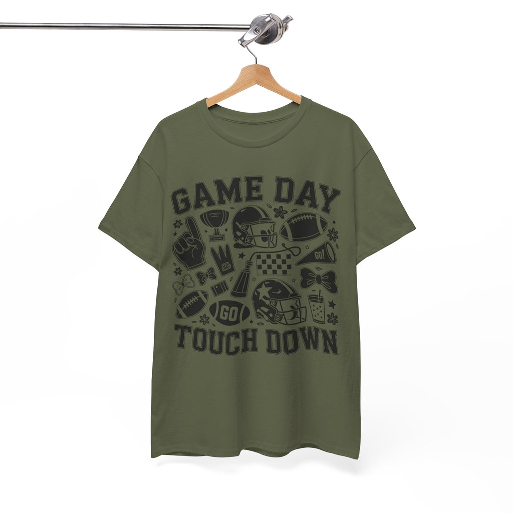 Game Day Touch Down Football T‑Shirt — Helmet & Cheer Monochrome Design Unisex Cotton Tee