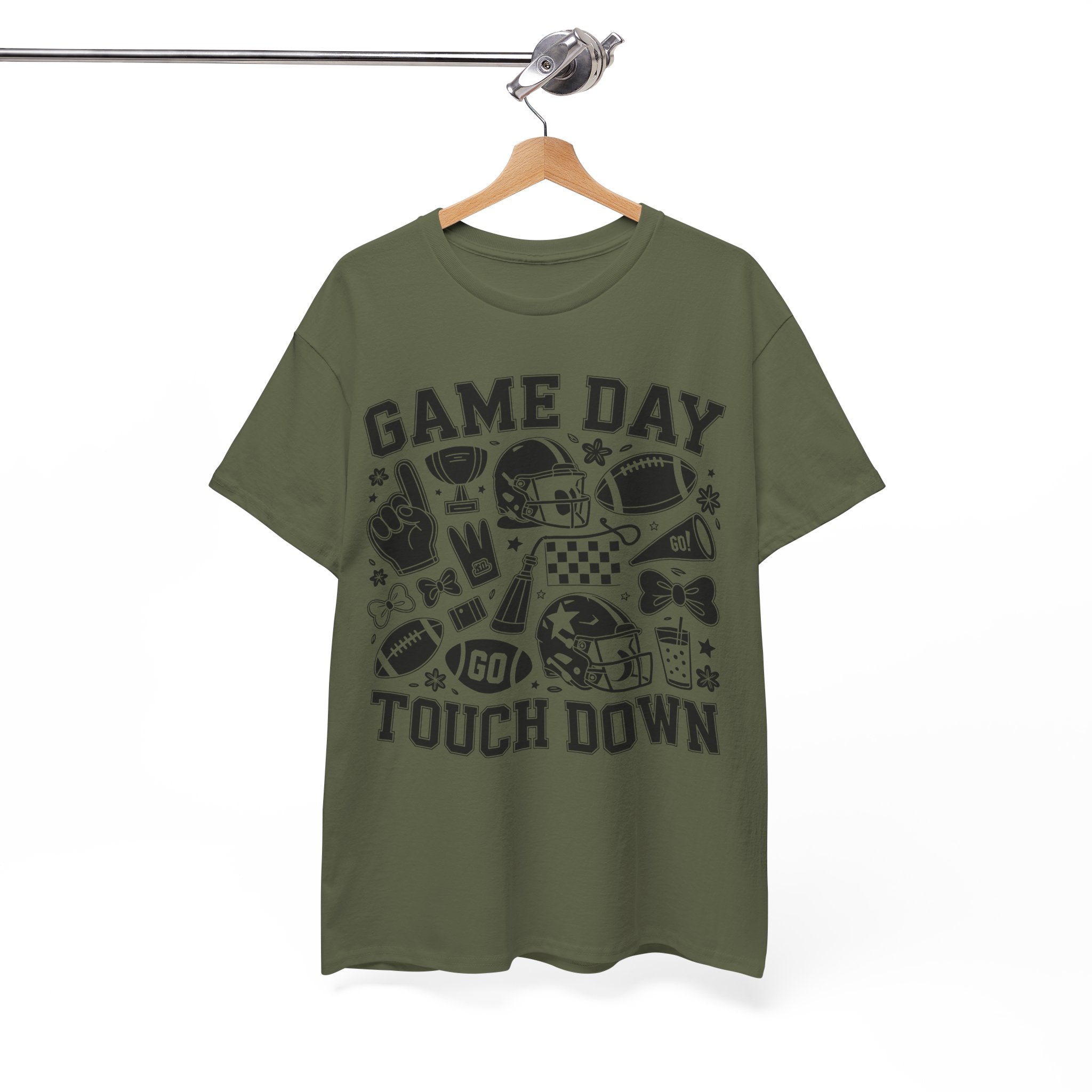 Game Day Touch Down Football T‑Shirt — Helmet & Cheer Monochrome Design Unisex Cotton Tee