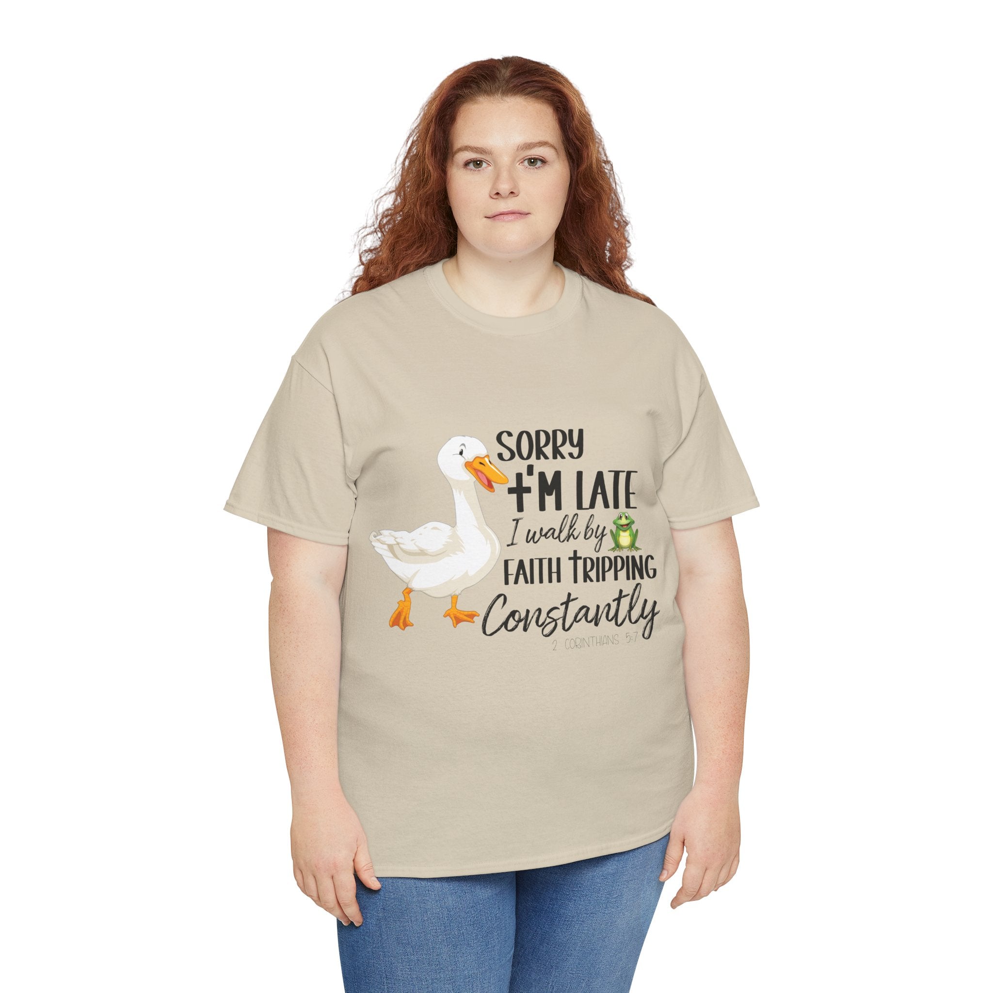 Christian Humor T-Shirt — “Sorry I’m Late, I Walk by Faith Tripping Constantly” (Duck & Frog). Unisex Cotton Tee