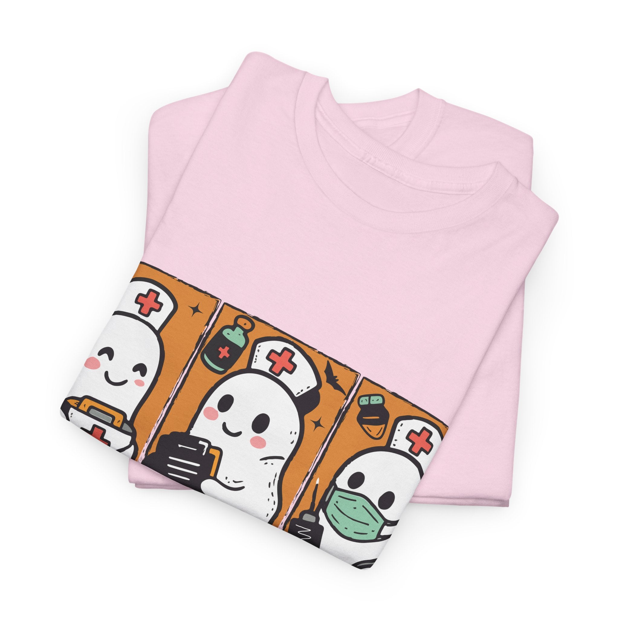 Halloween Nurse T-Shirt — Ghost Nurses Holding Medical Tools on Orange Unisec Cotton Tee