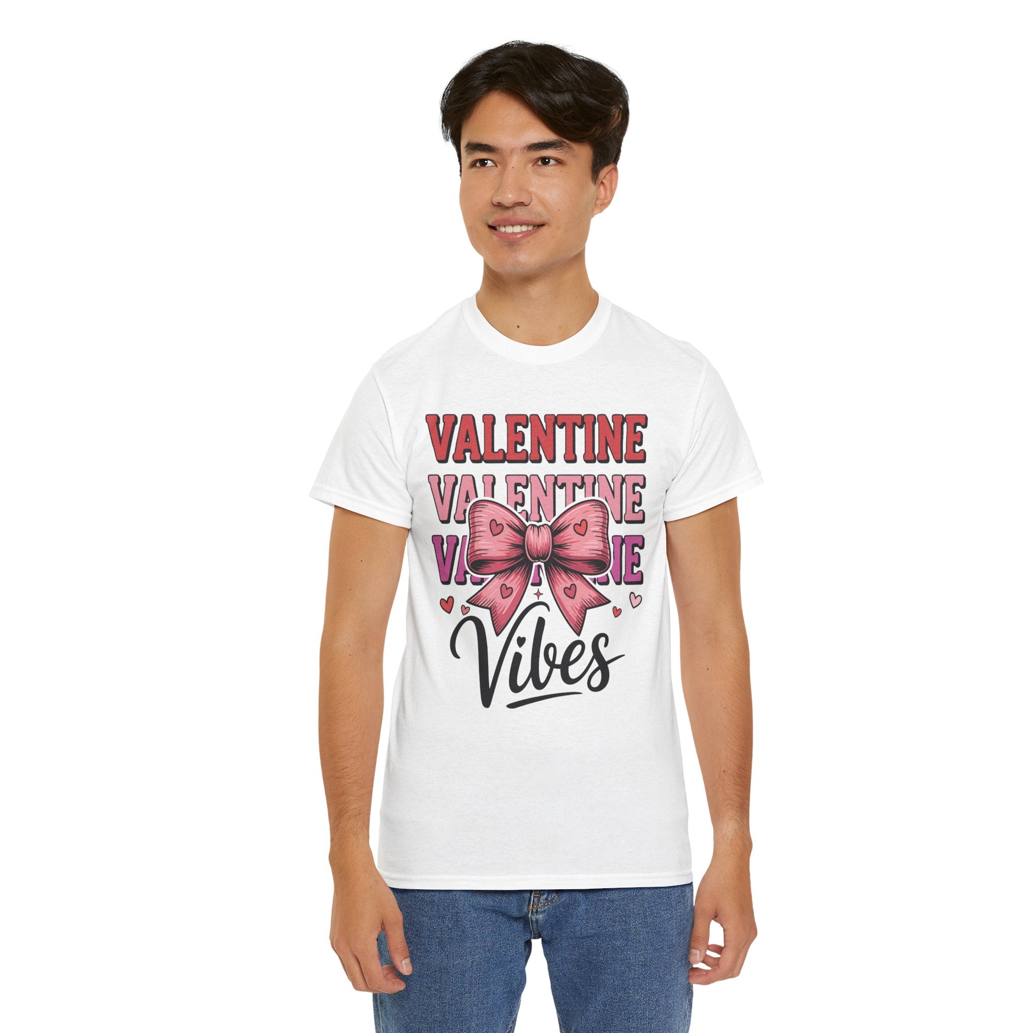 Valentine Vibes T-Shirt — Pink Bow Heart Graphic Unisex Cotton Tee